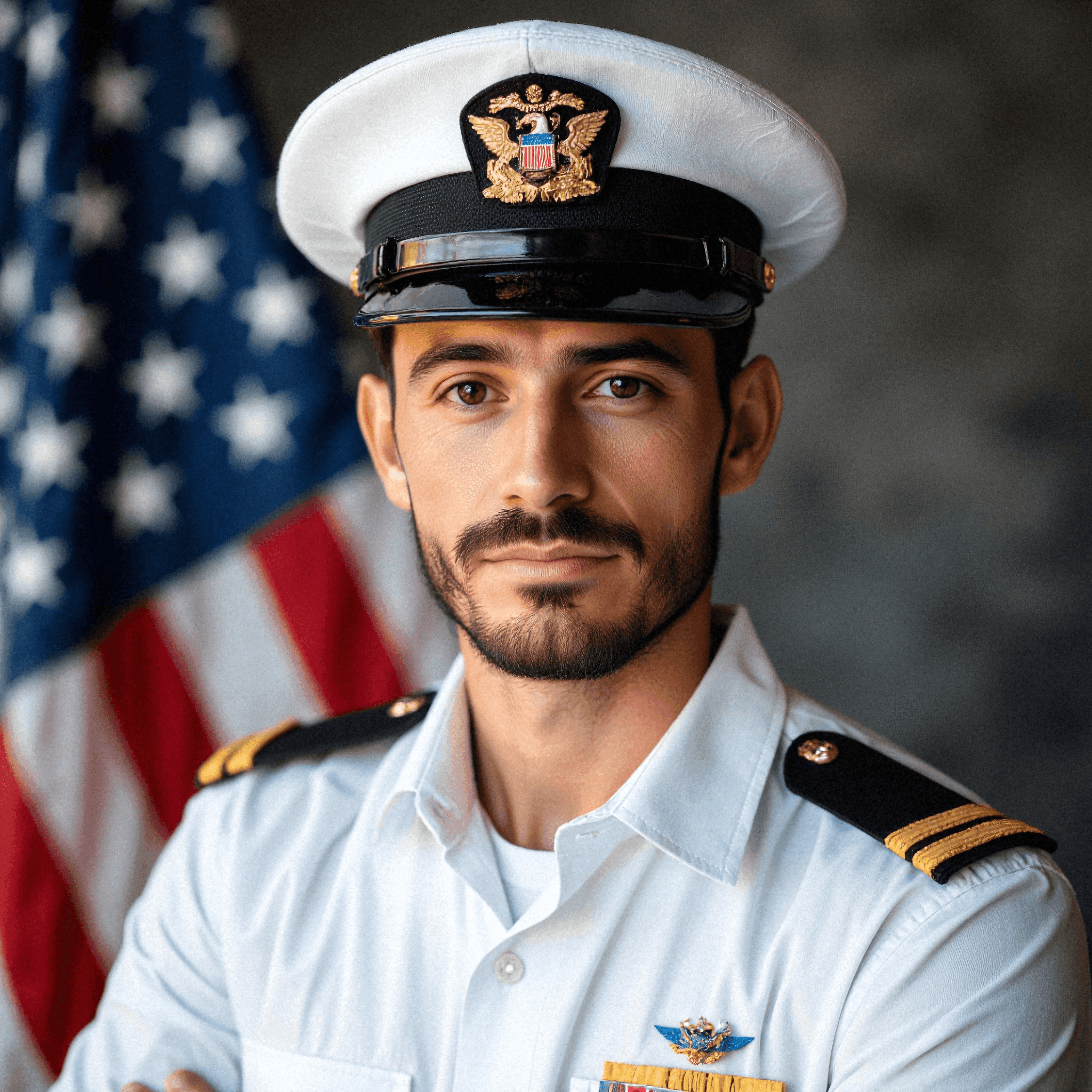 Navy officer with U.S. flag backdrop