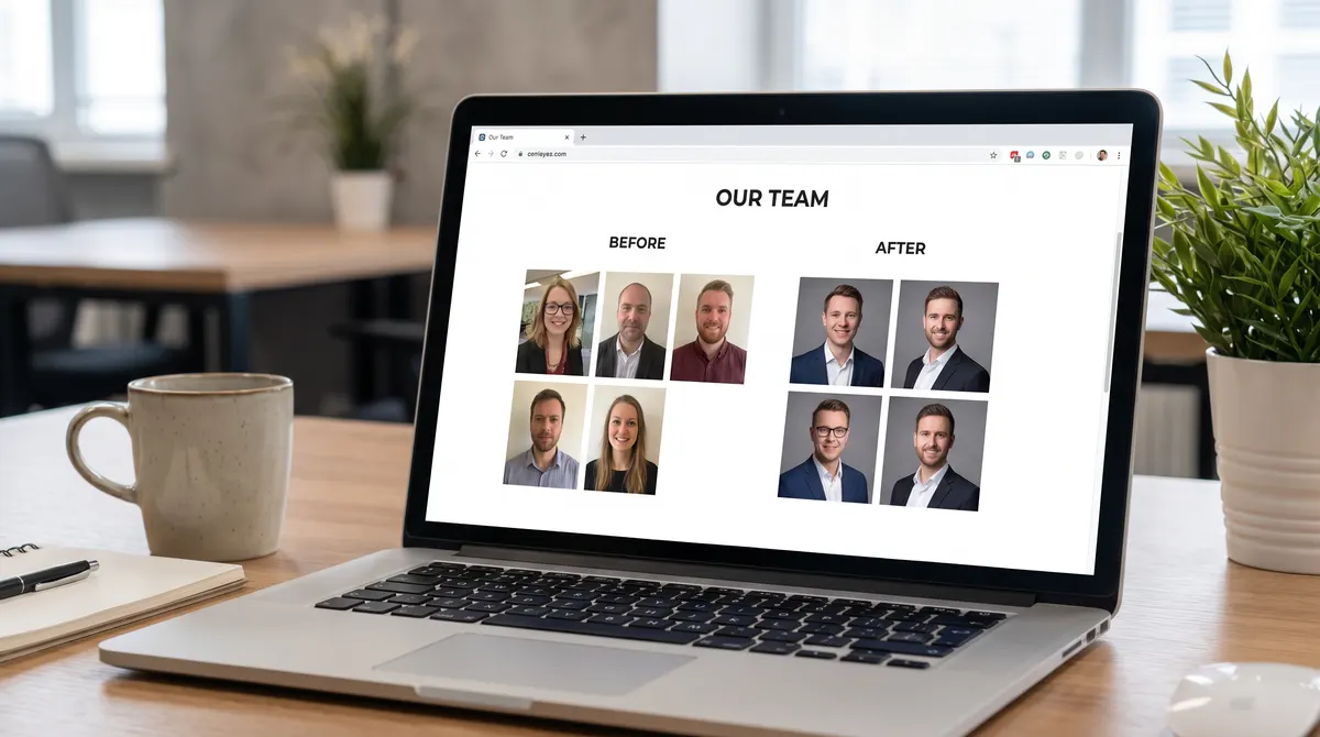 Laptop showing a team page with mismatched photos beside a matching set