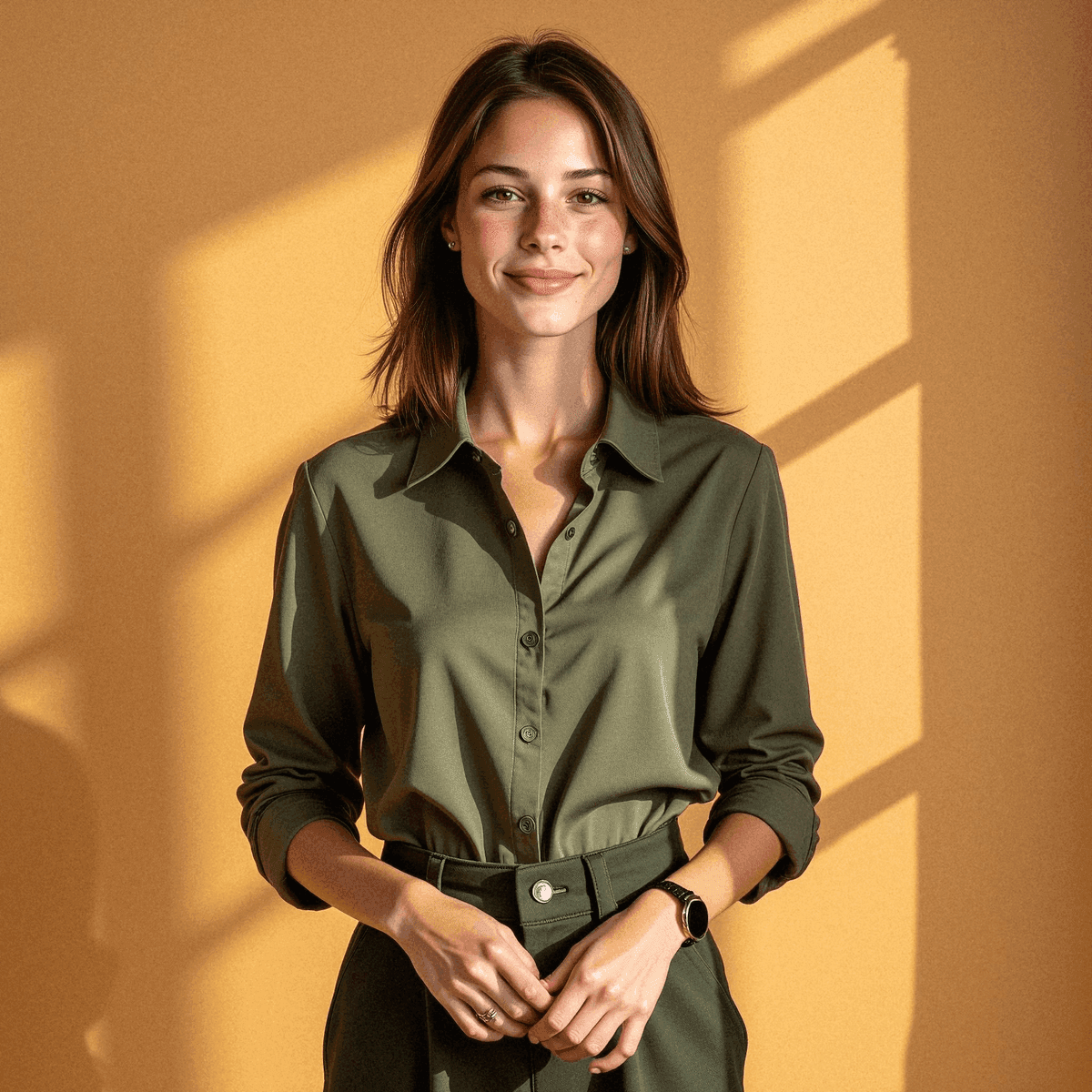 Woman in Green Blouse with Calm Expression