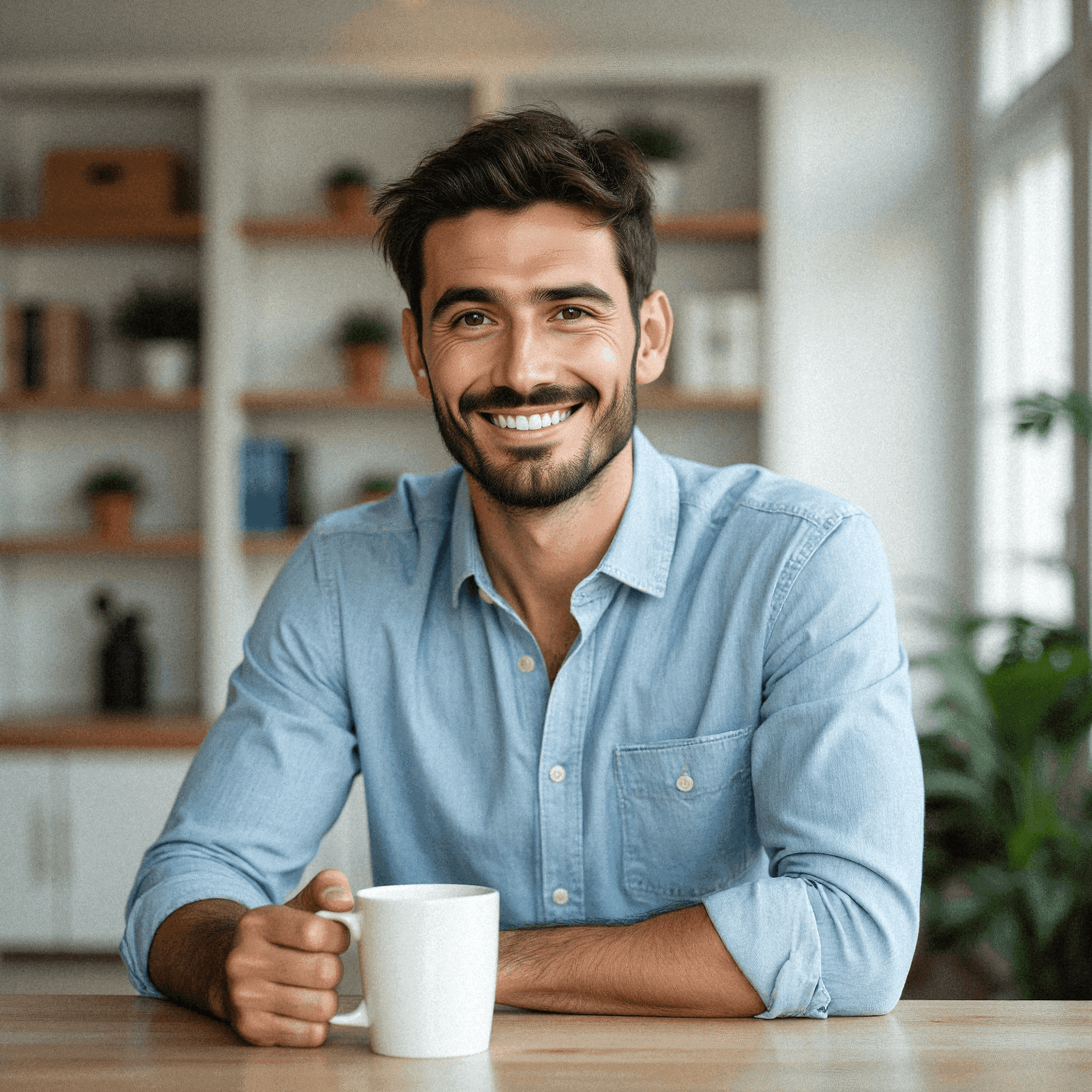 Smiling man holding coffee in office