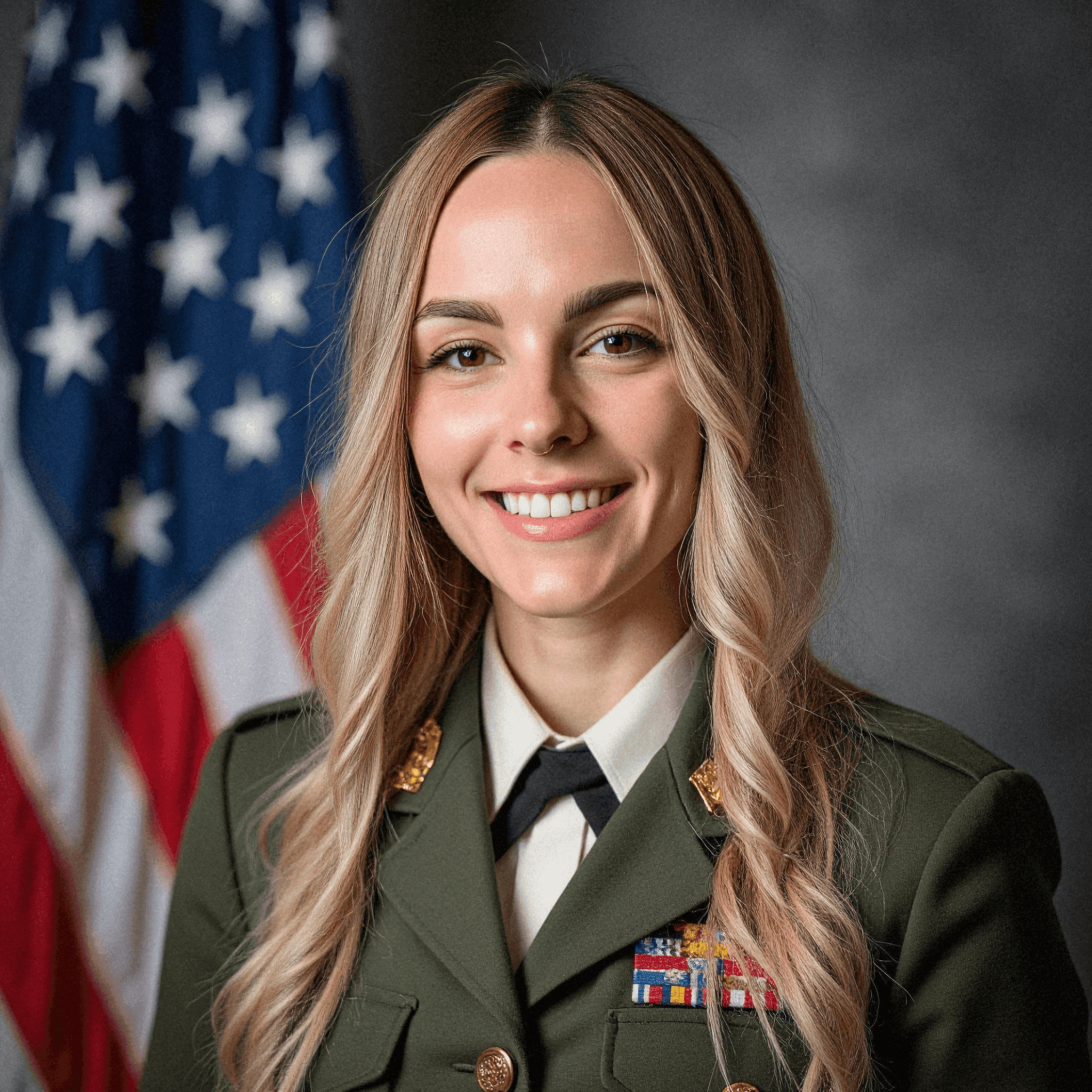 Woman in Army Uniform Smiling with Flag