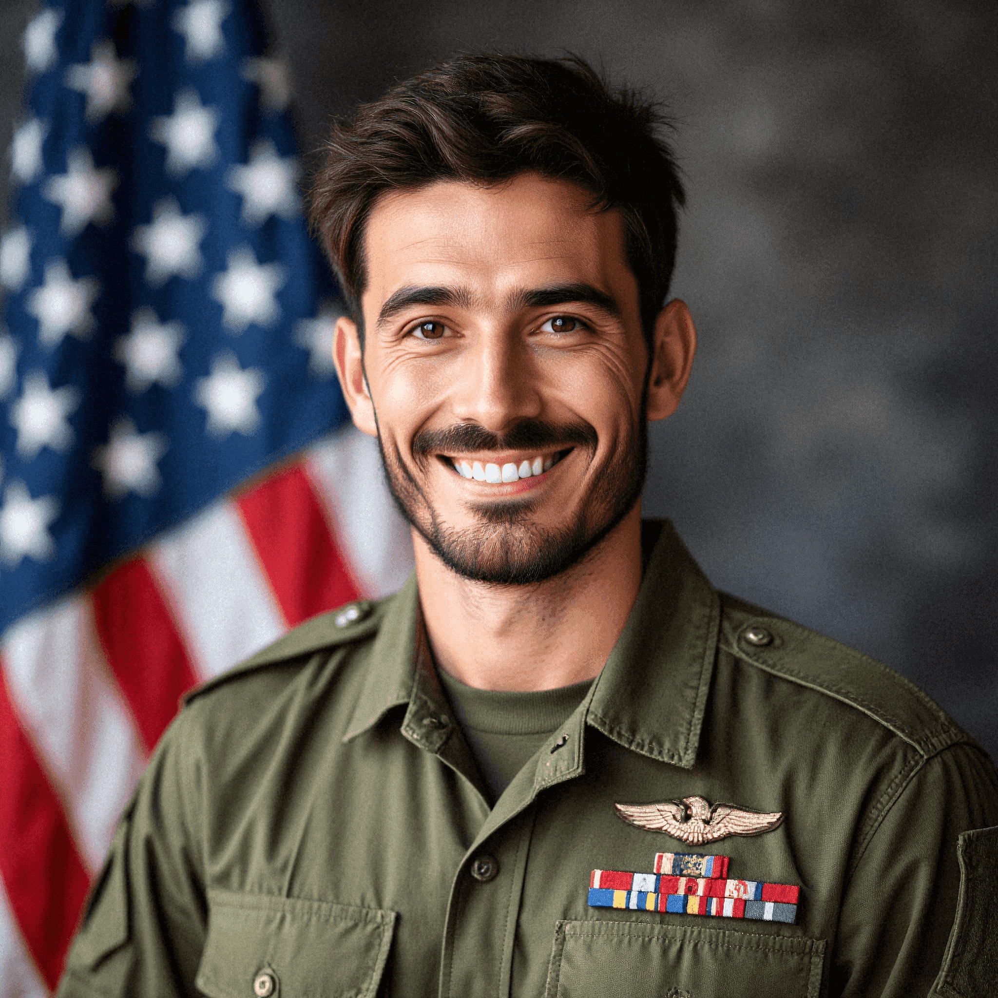 Smiling soldier in front of American flag
