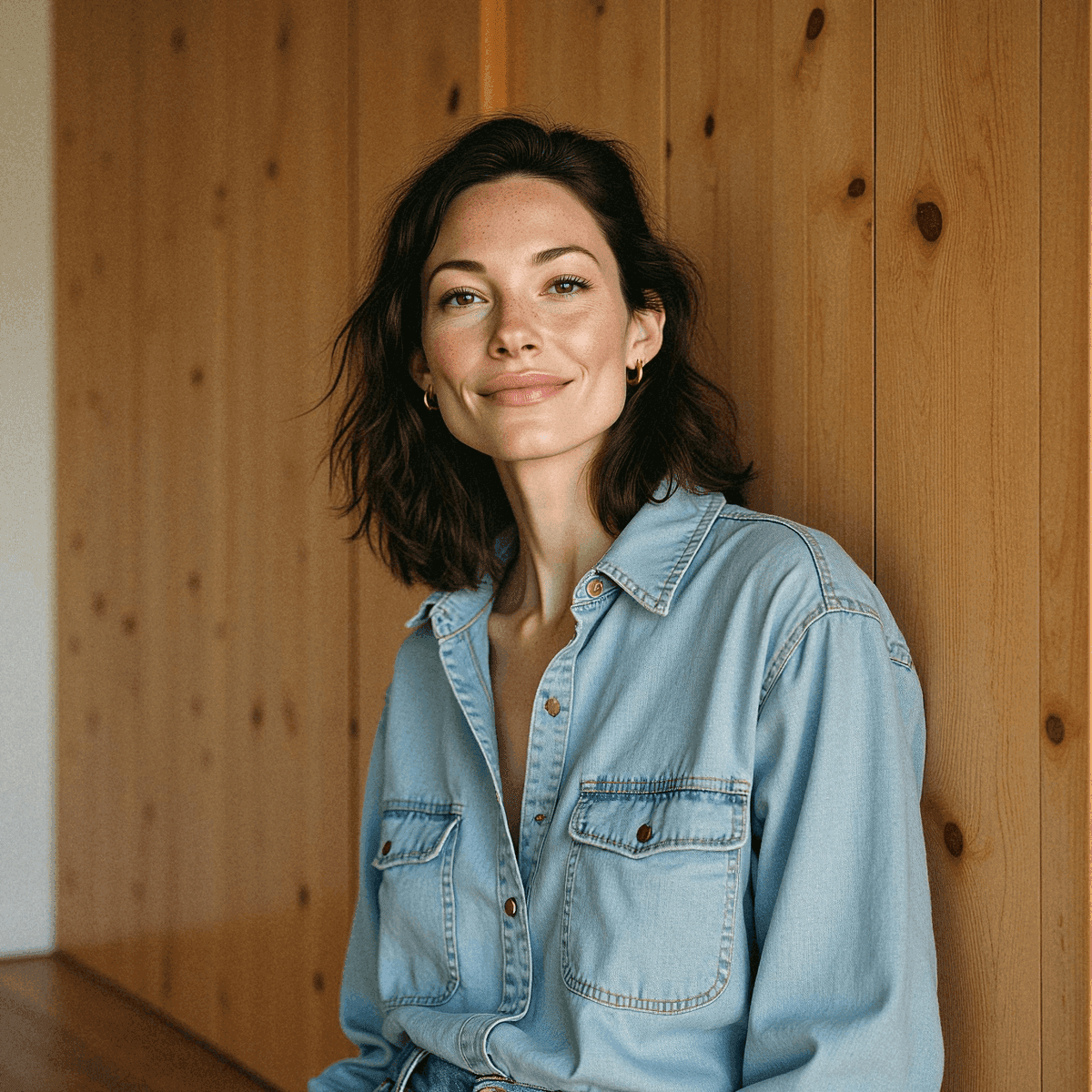 Woman in Denim Leaning Against Wooden Wall