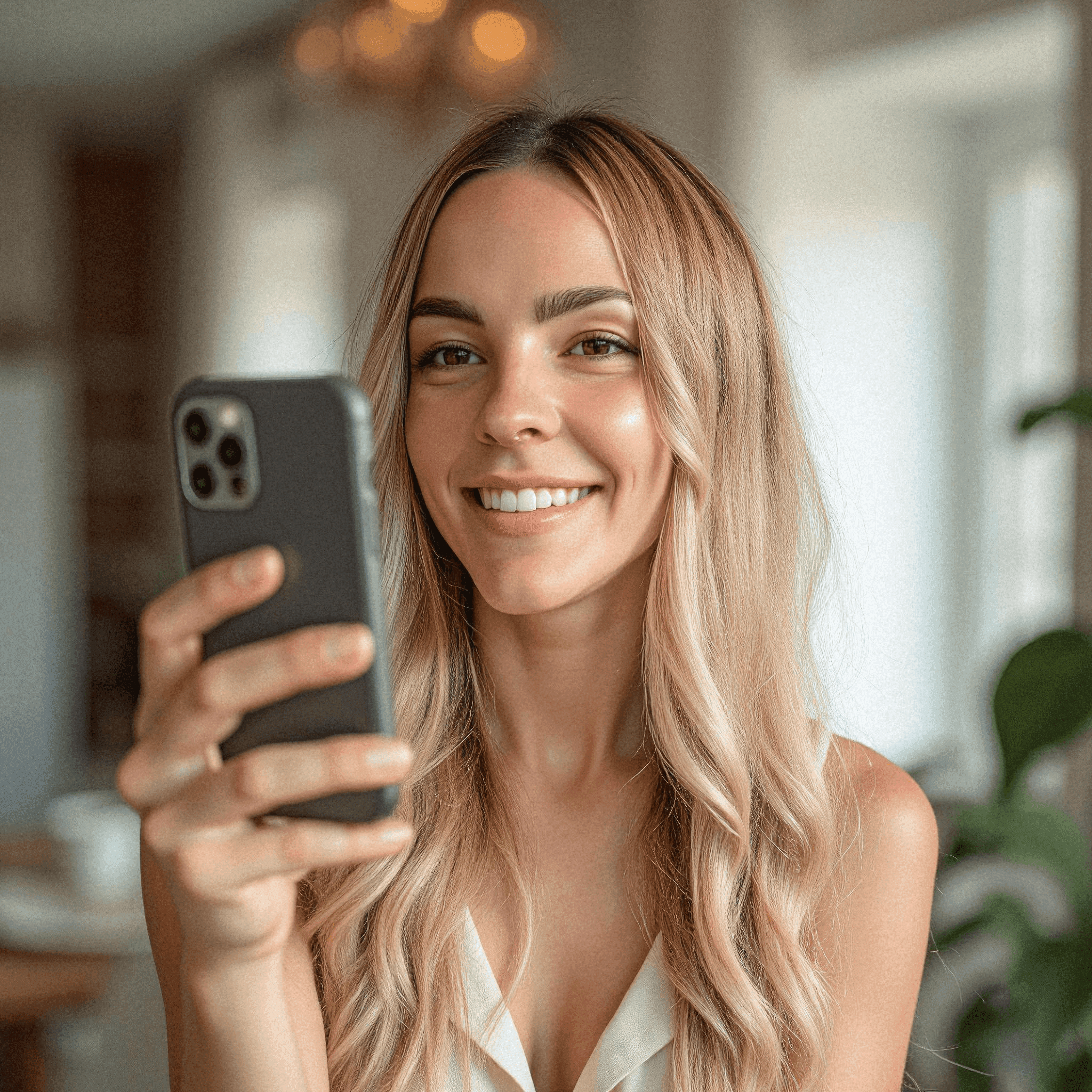 Smiling woman taking a modern smartphone selfie