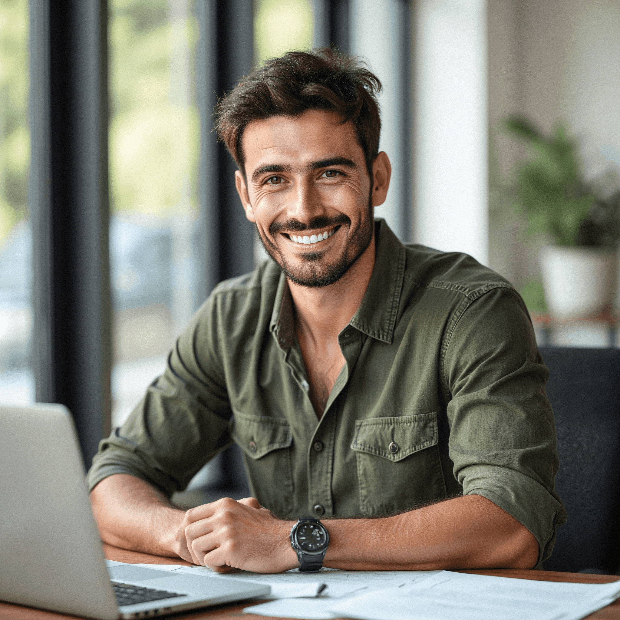 Smiling man in office with laptop