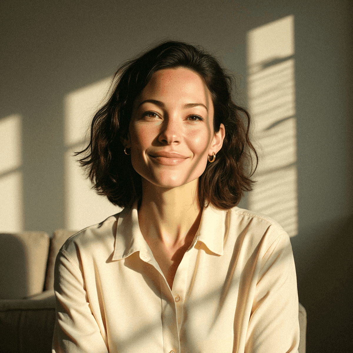 Woman in Sunlit Room Wearing Cream Shirt