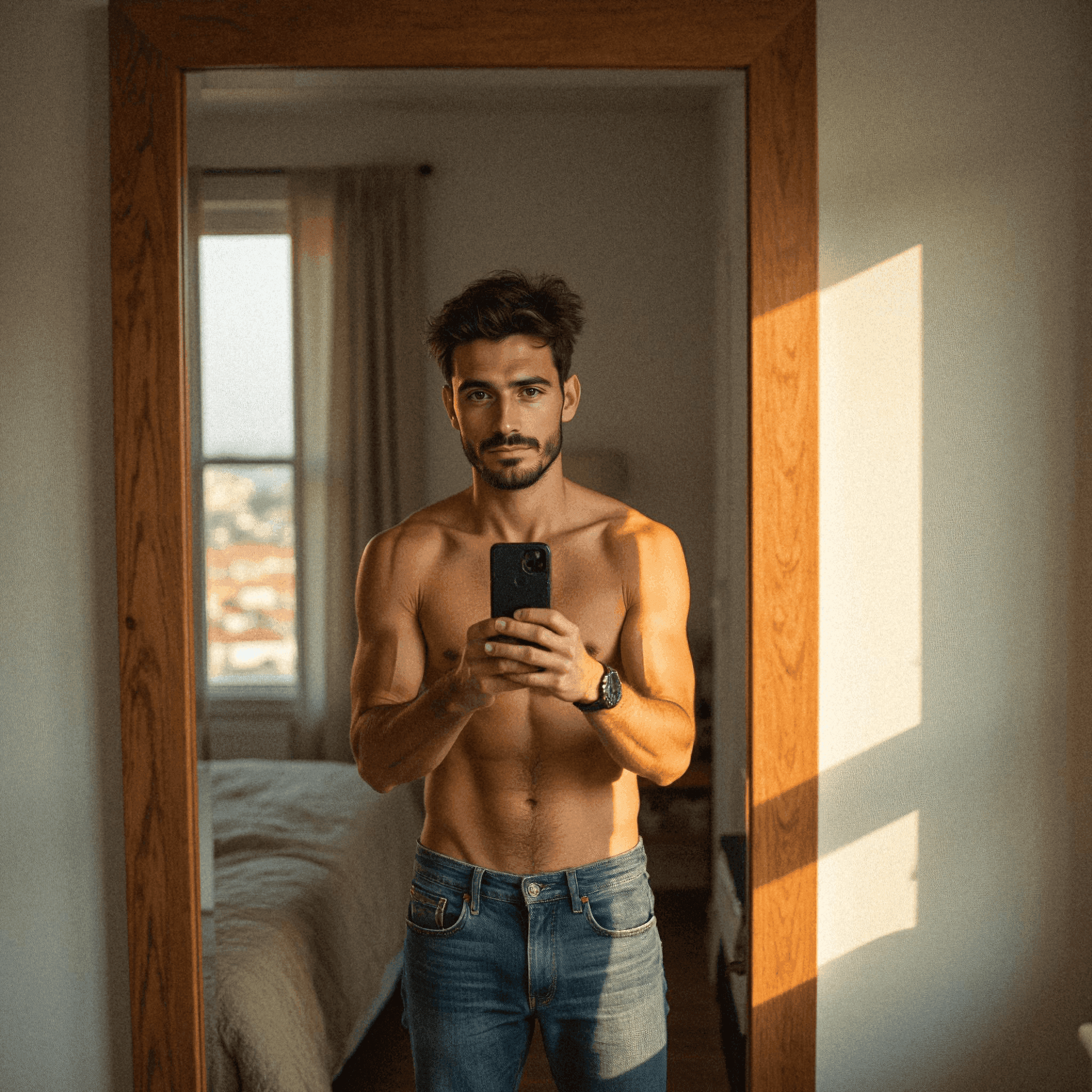 Shirtless man taking mirror selfie