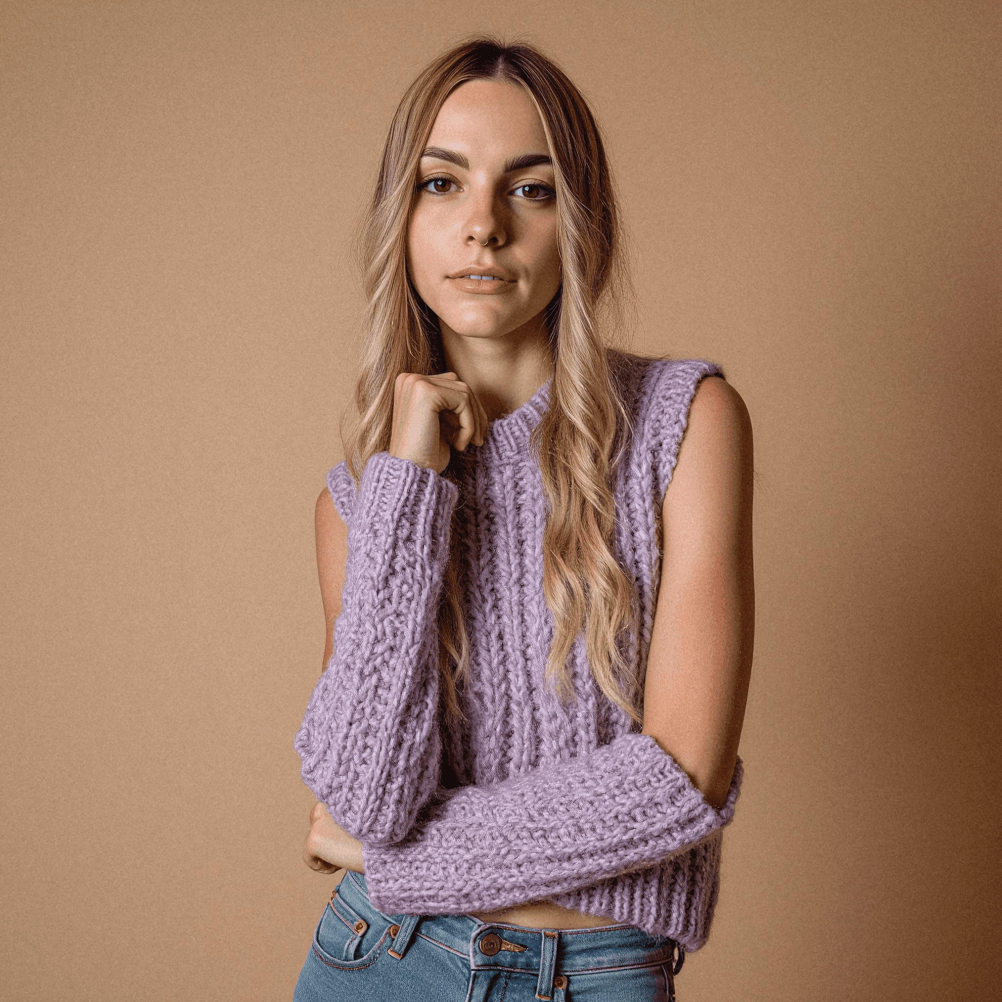 Woman in Lavender Sweater with Blonde Hair