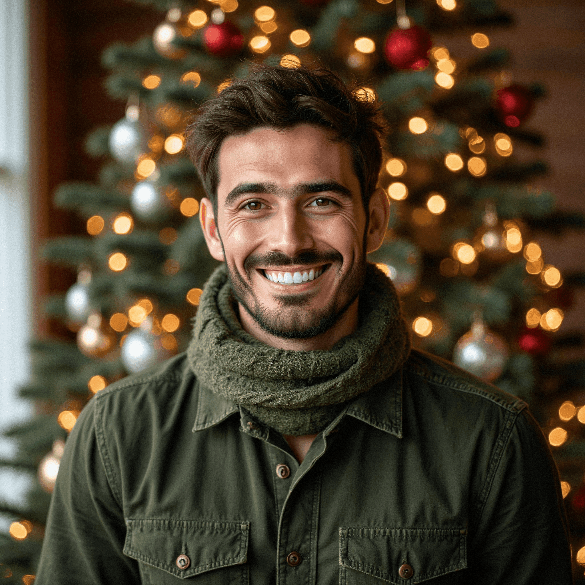 Man smiling beside Christmas tree