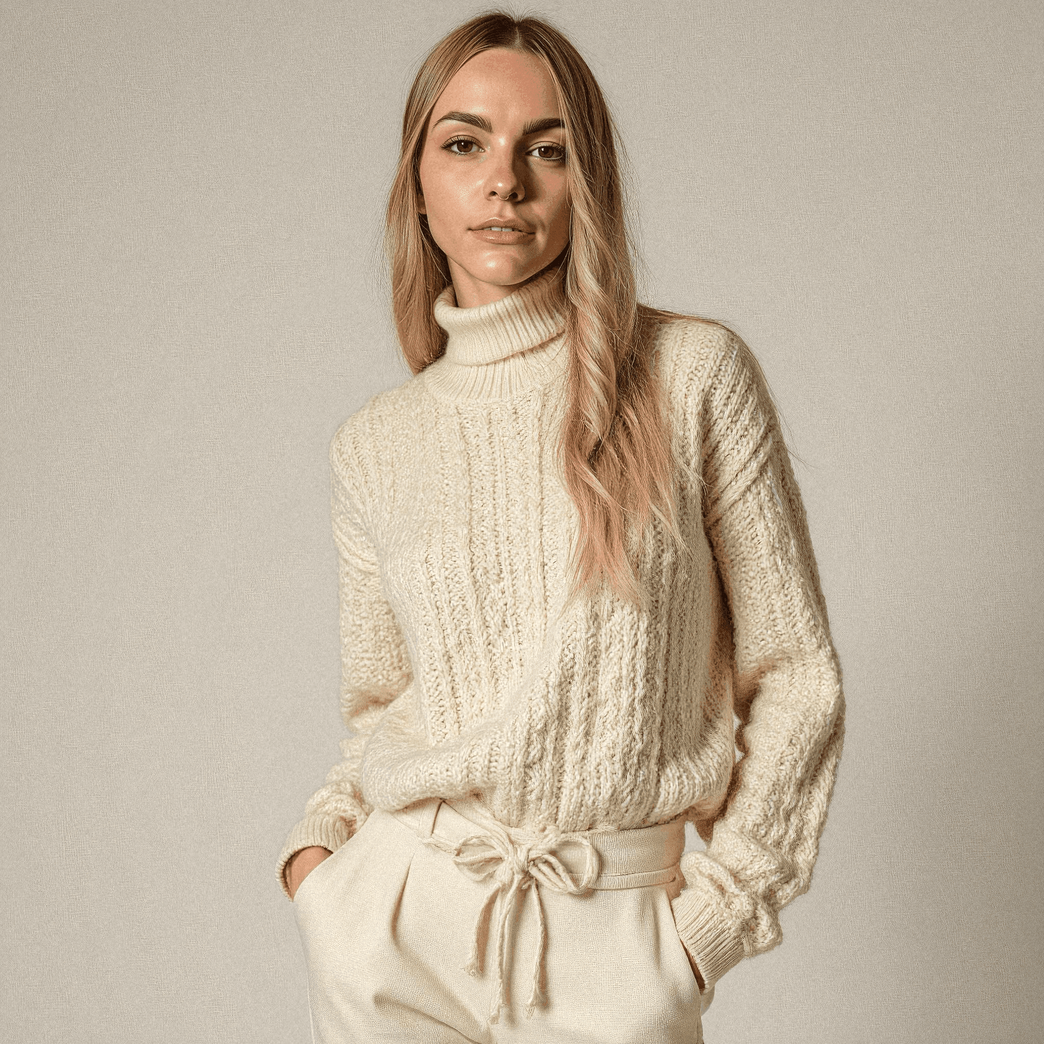 Woman in Cream Knit Turtleneck and Trousers