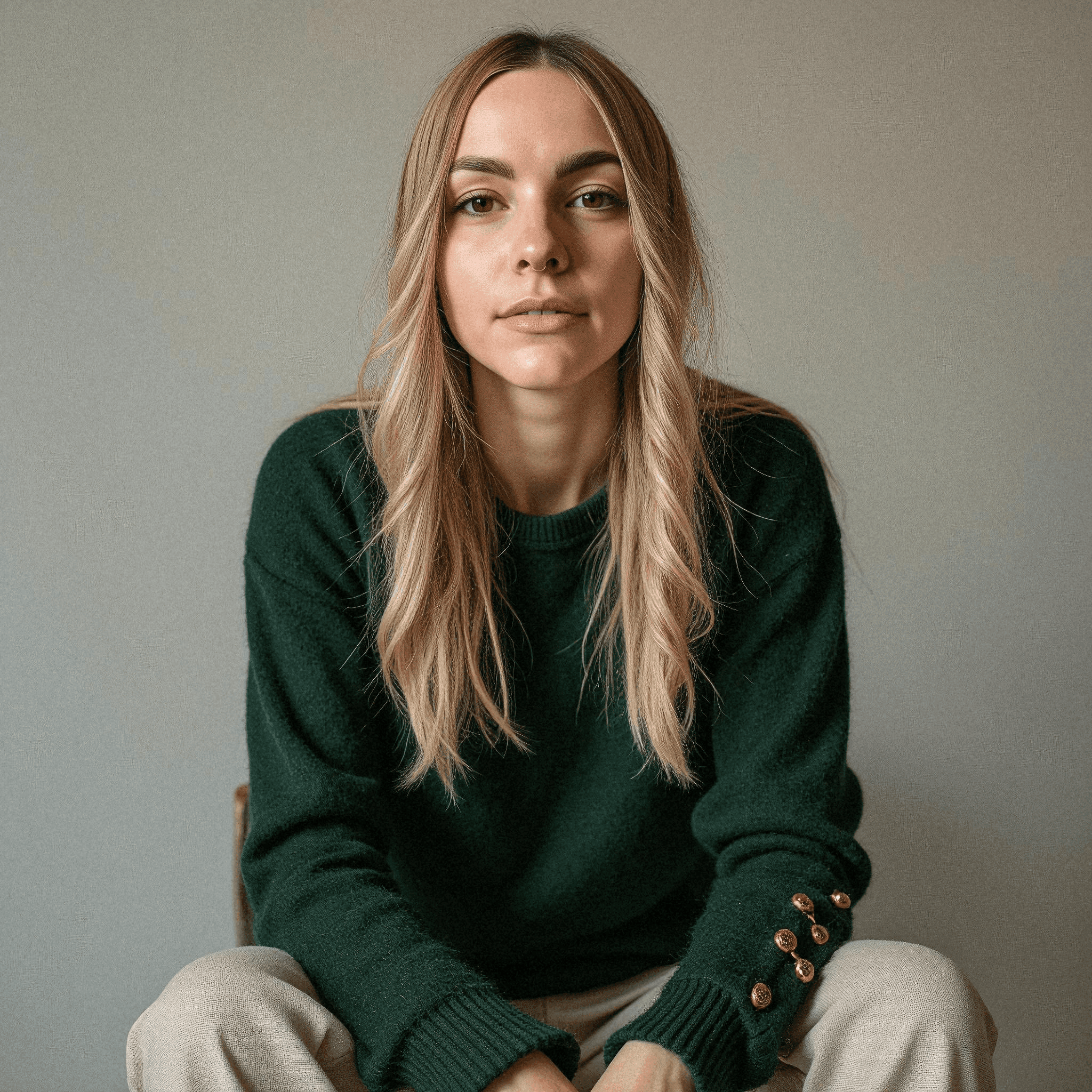 Woman in Green Sweater with Calm Expression