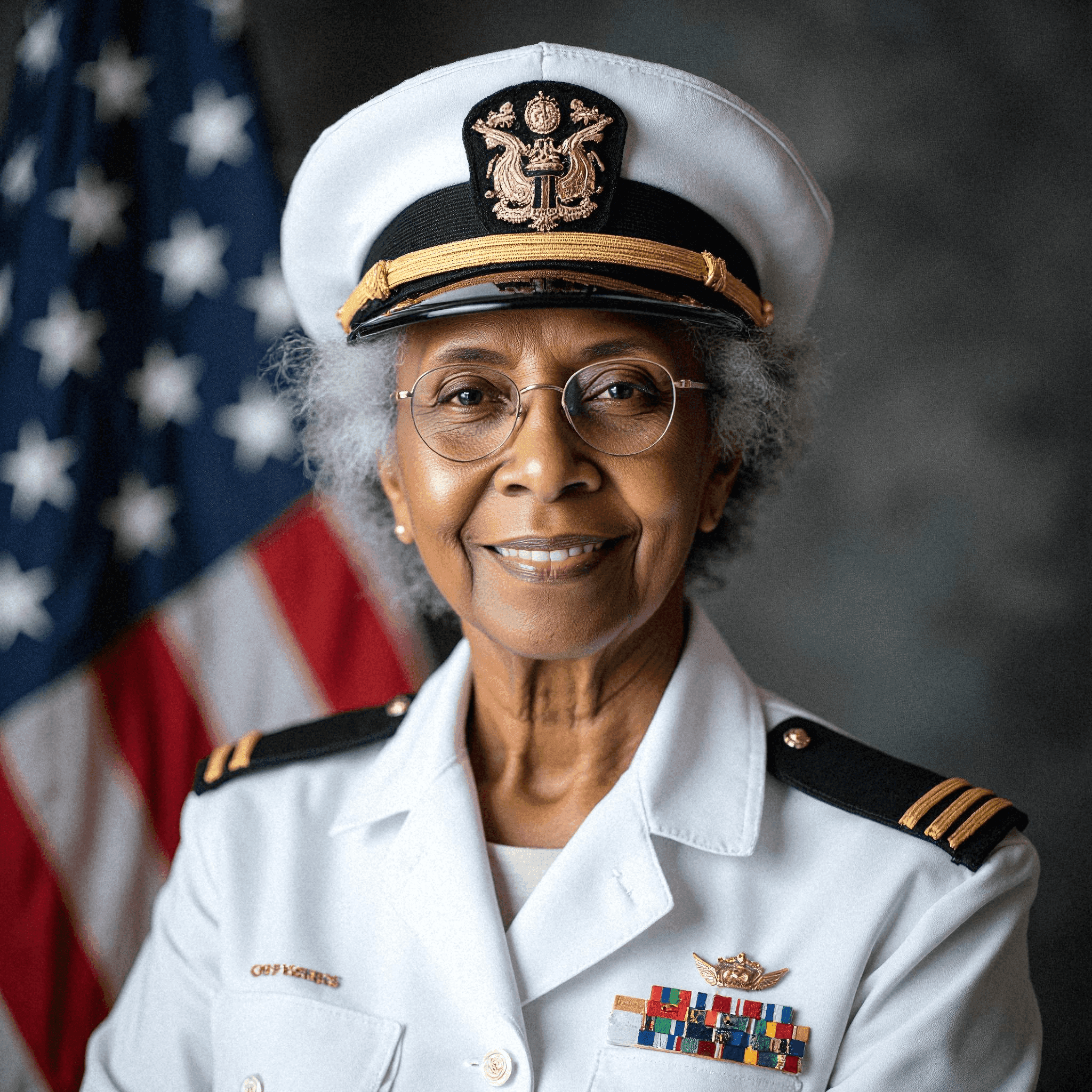 Navy Officer Smiling in Front of American Flag