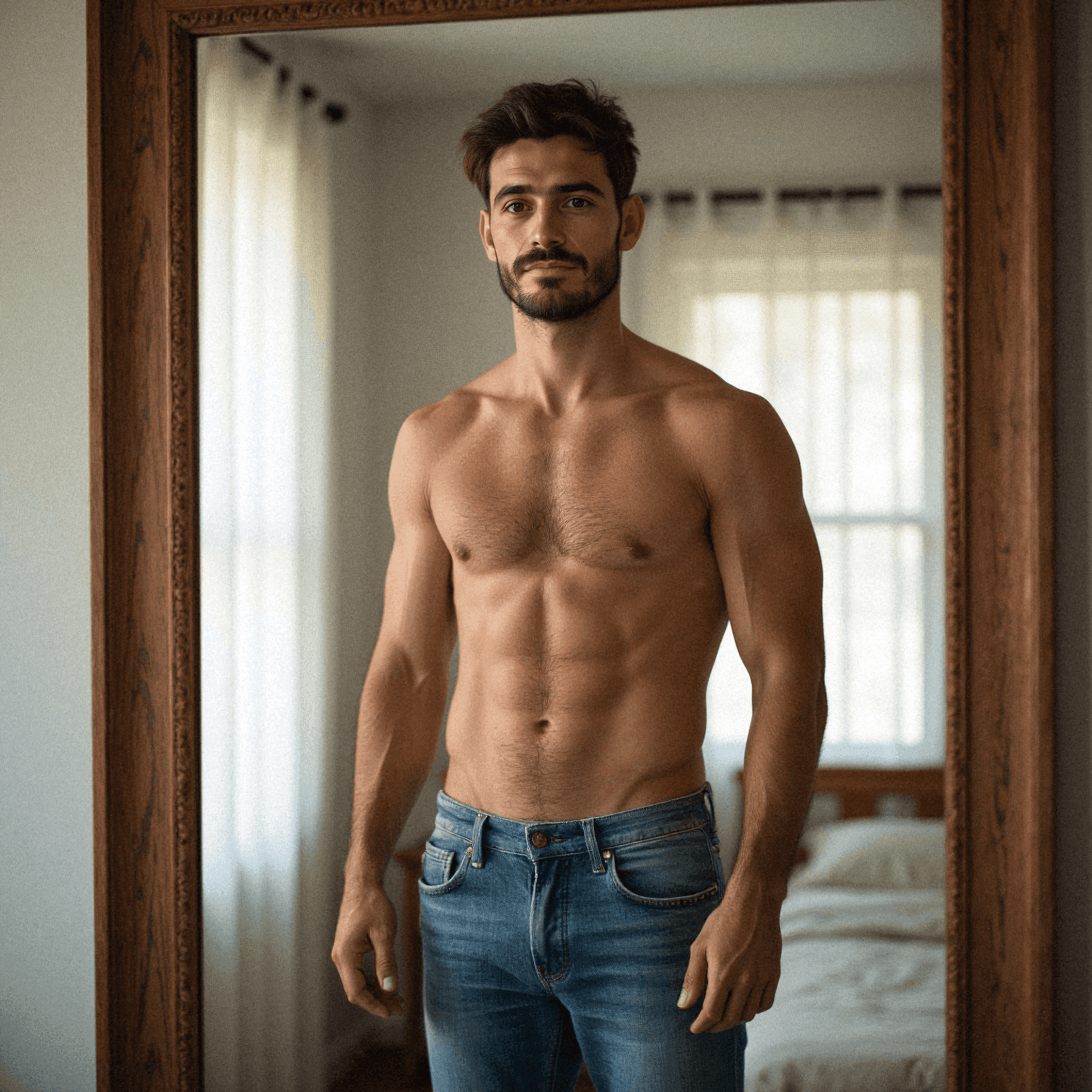 Shirtless man standing confidently in mirror