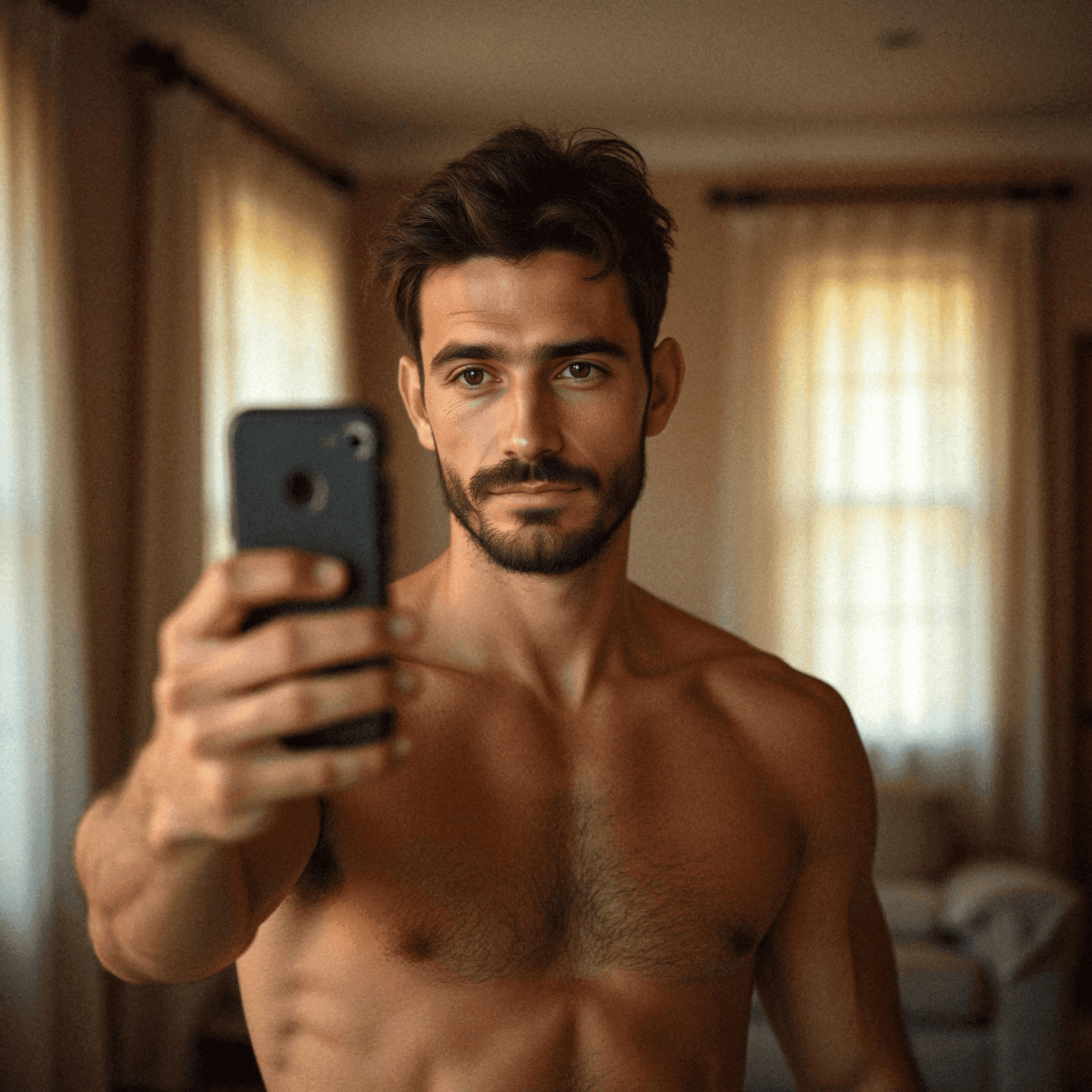 Shirtless man taking mirror selfie