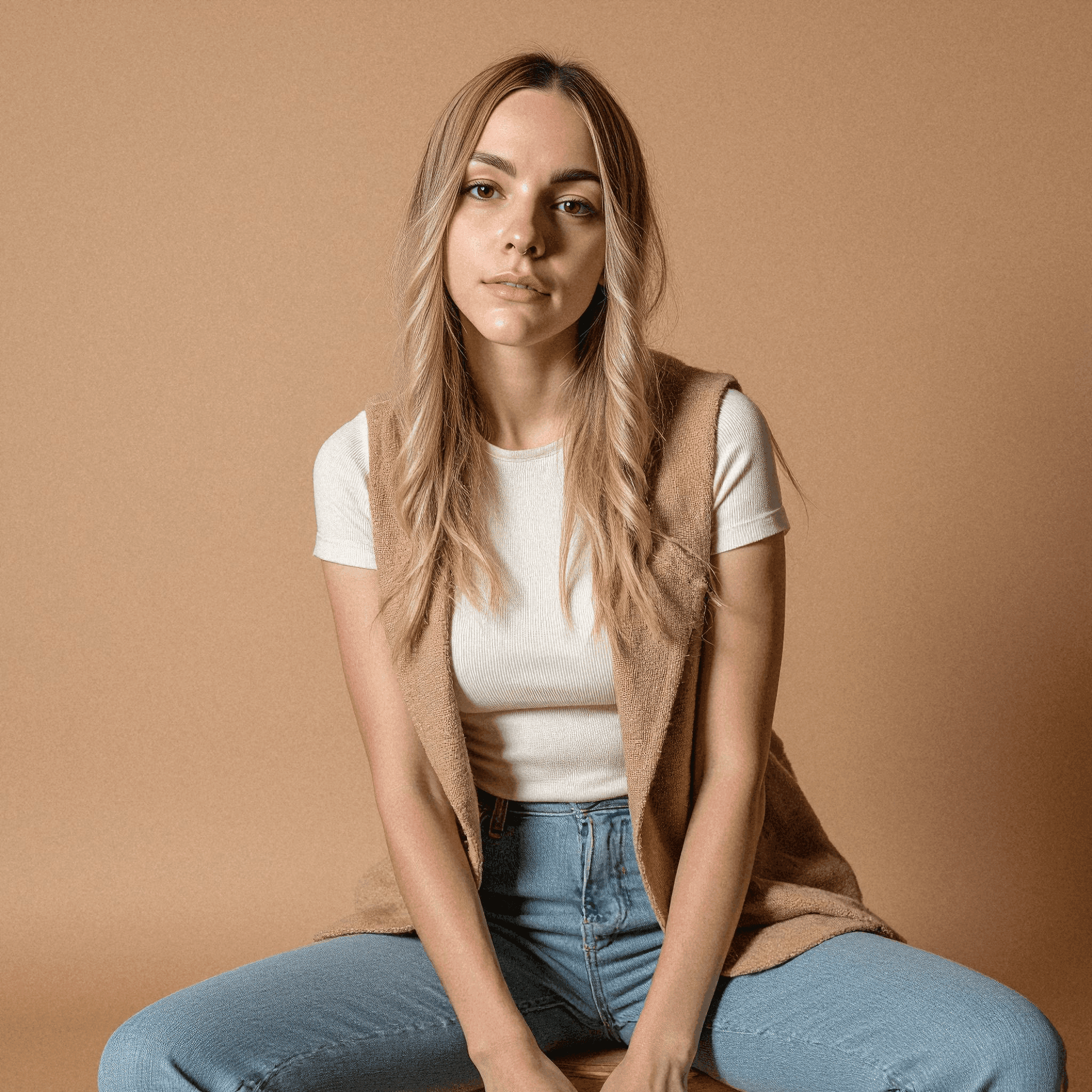 Woman in minimalist fashion seated confidently