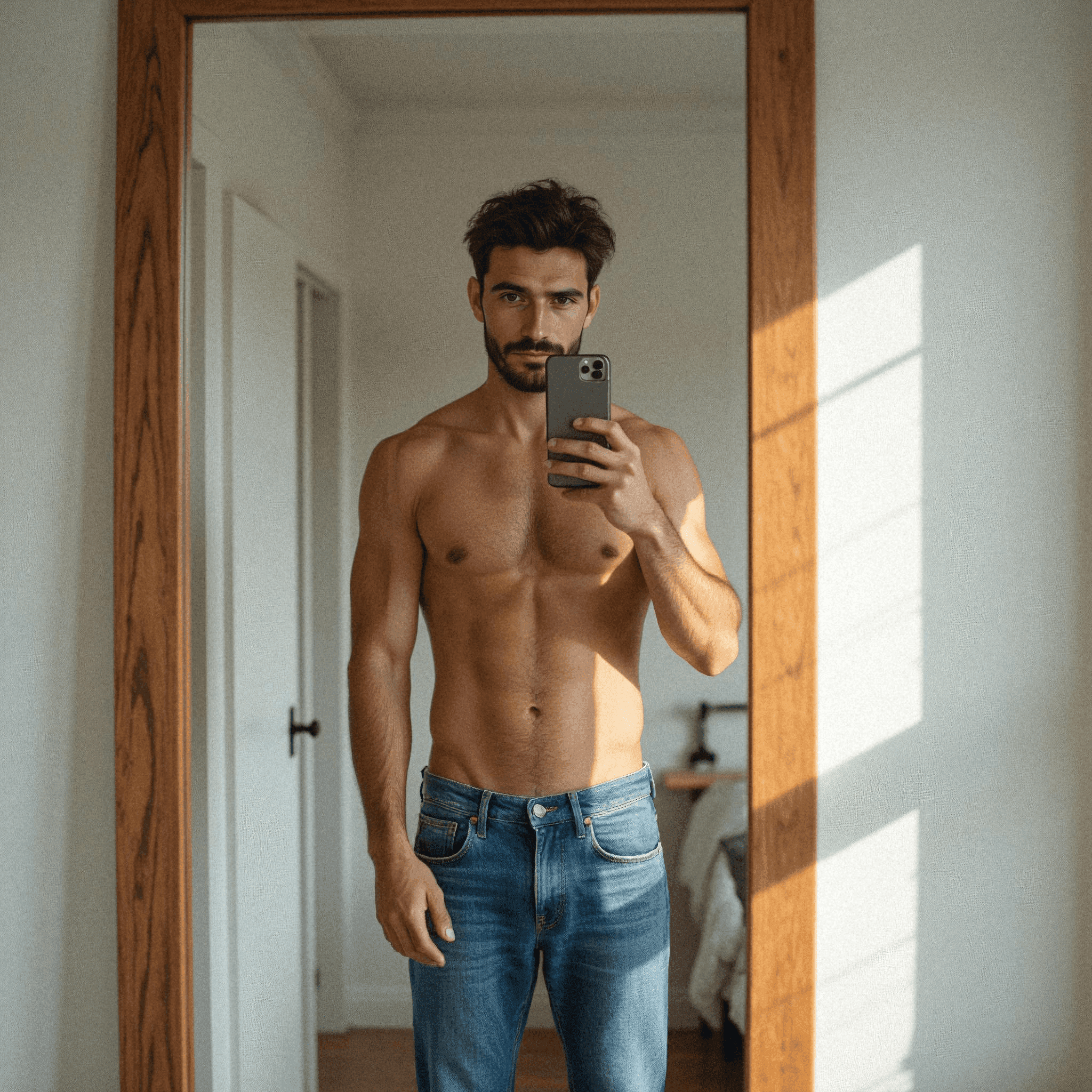 Shirtless man taking mirror selfie