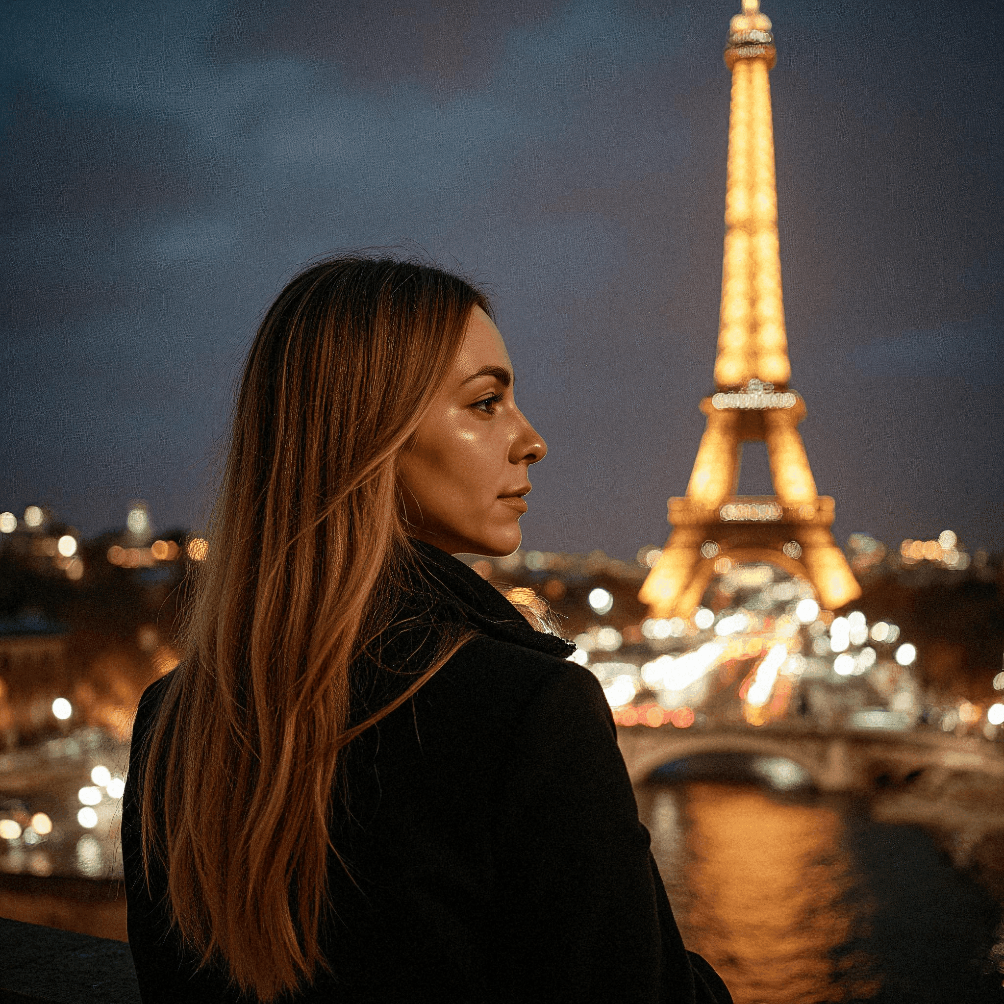 Woman Gazing at Eiffel Tower Night Lights