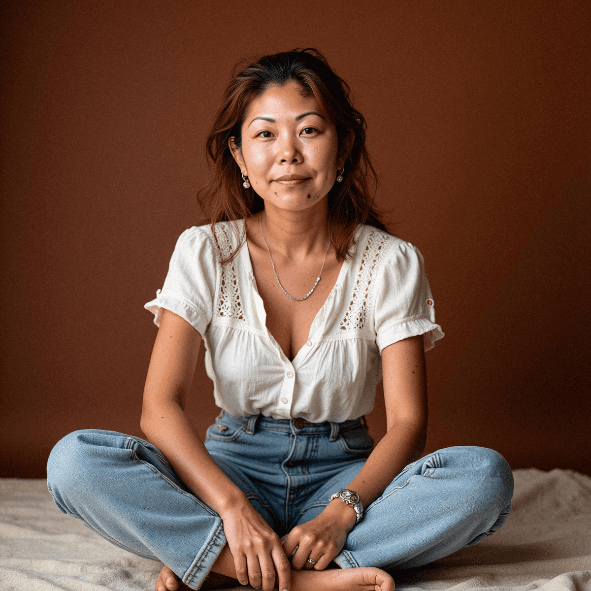 Casual Woman in White Blouse and Jeans