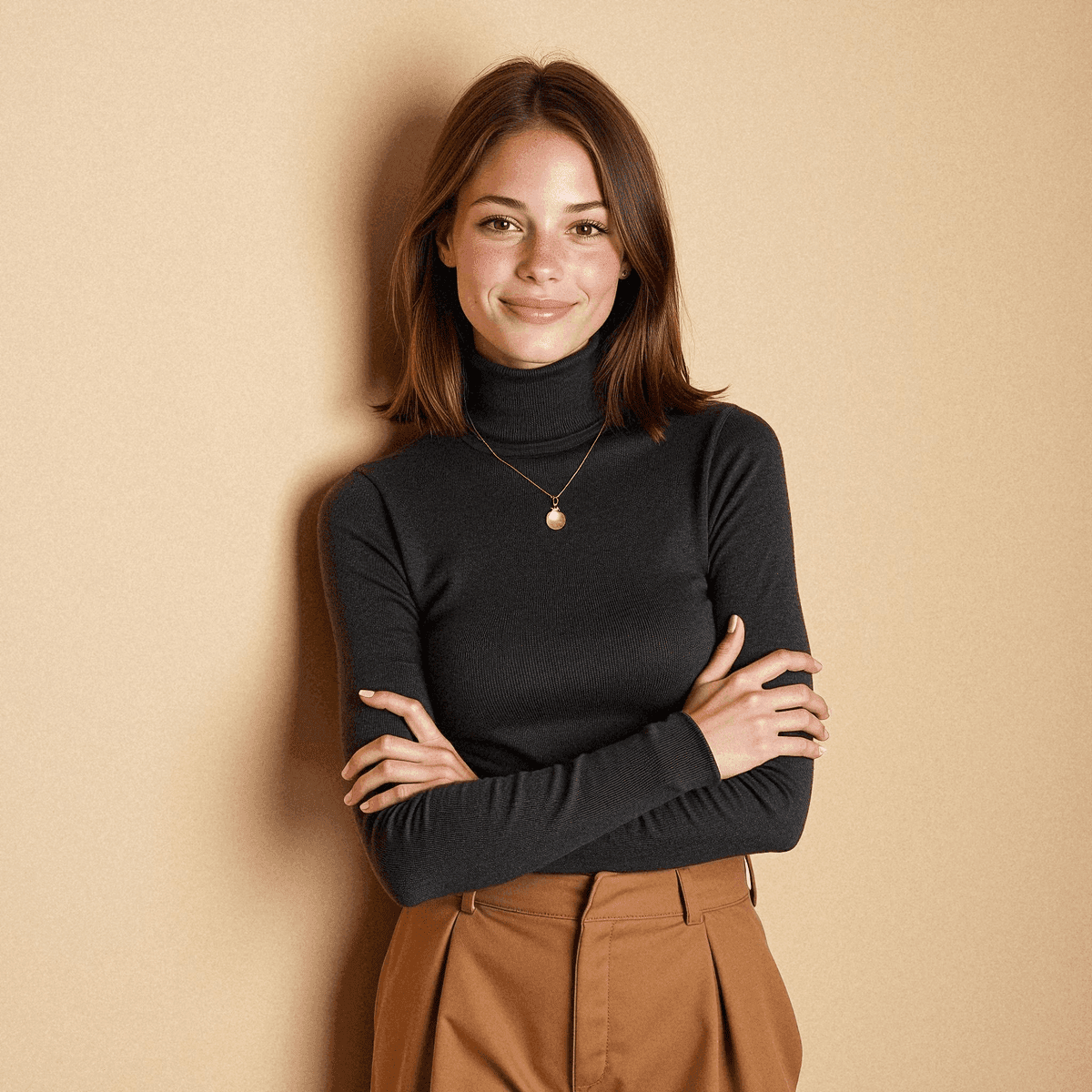 Woman in Charcoal Turtleneck and Camel Trousers
