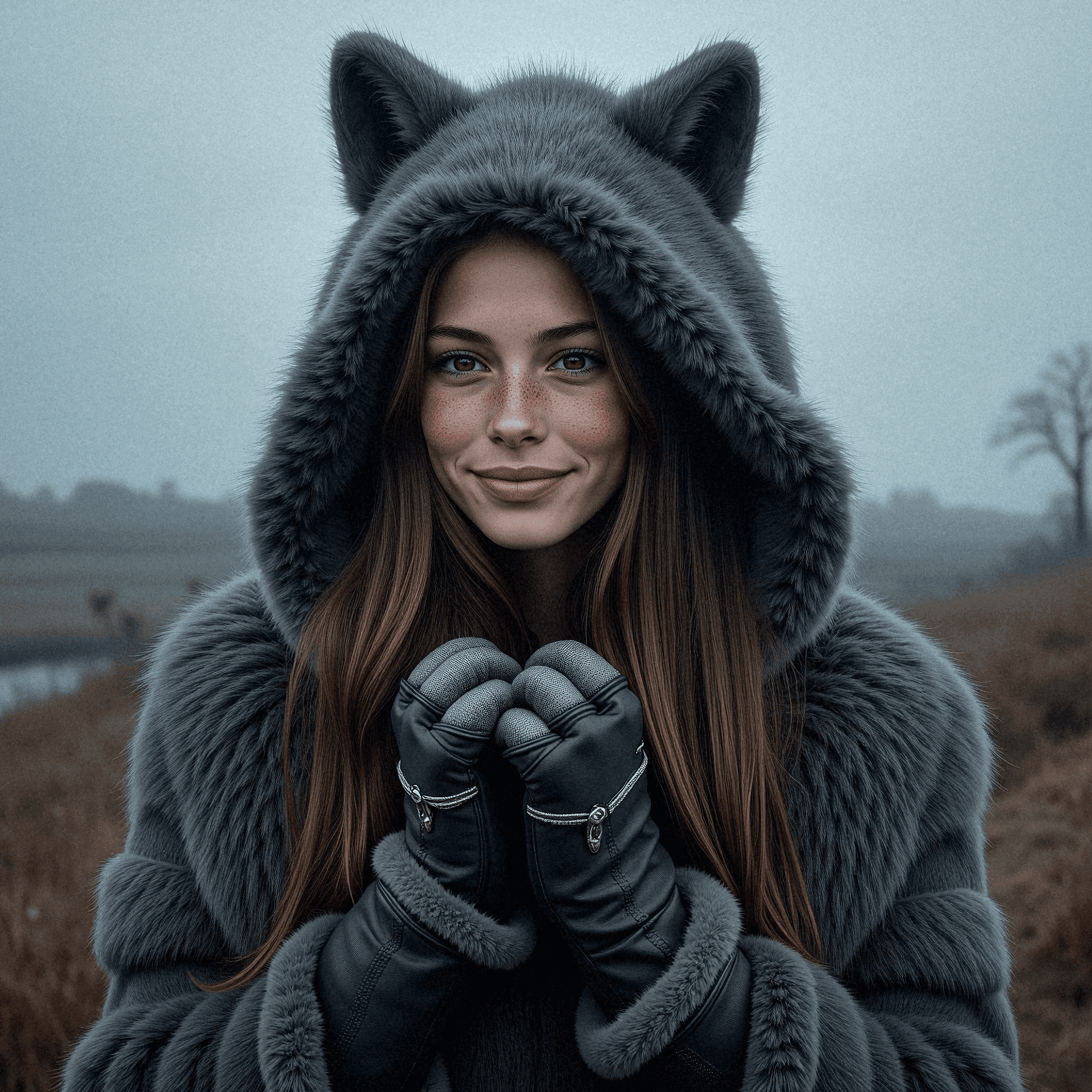 Woman in Fur Cloak on Stormy Moor