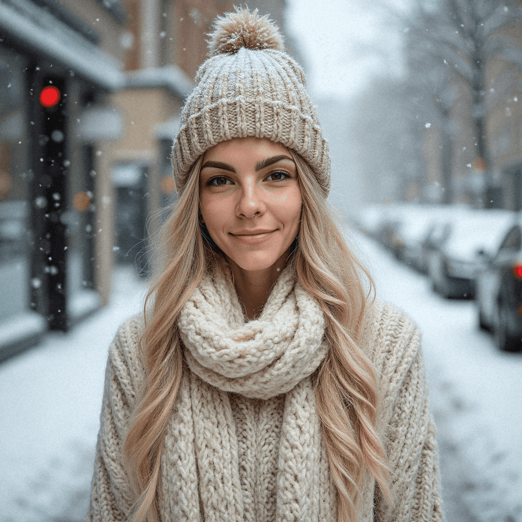 Woman in Winter Knitwear on Snowy Street