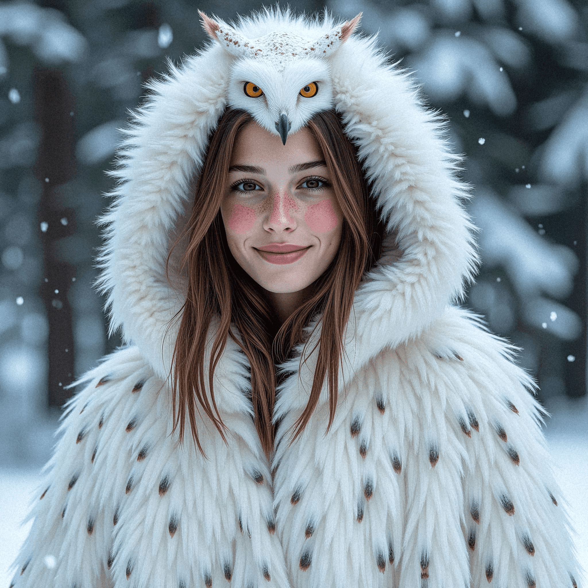 Woman in Owl-Inspired Winter Cape