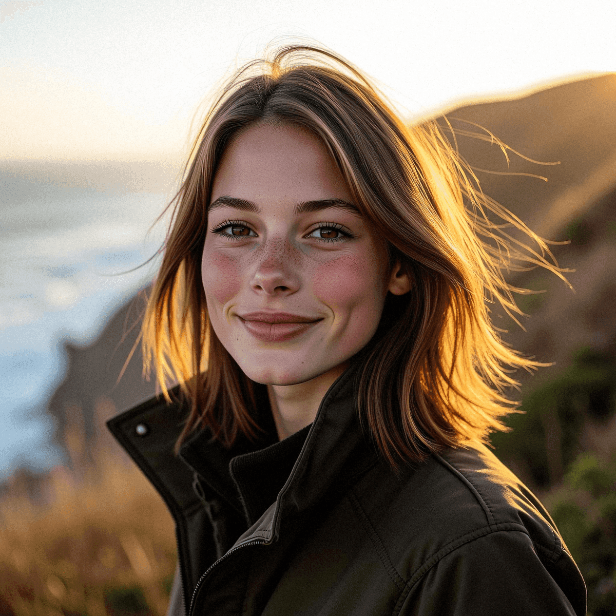 Woman gazing on cliffside at golden hour