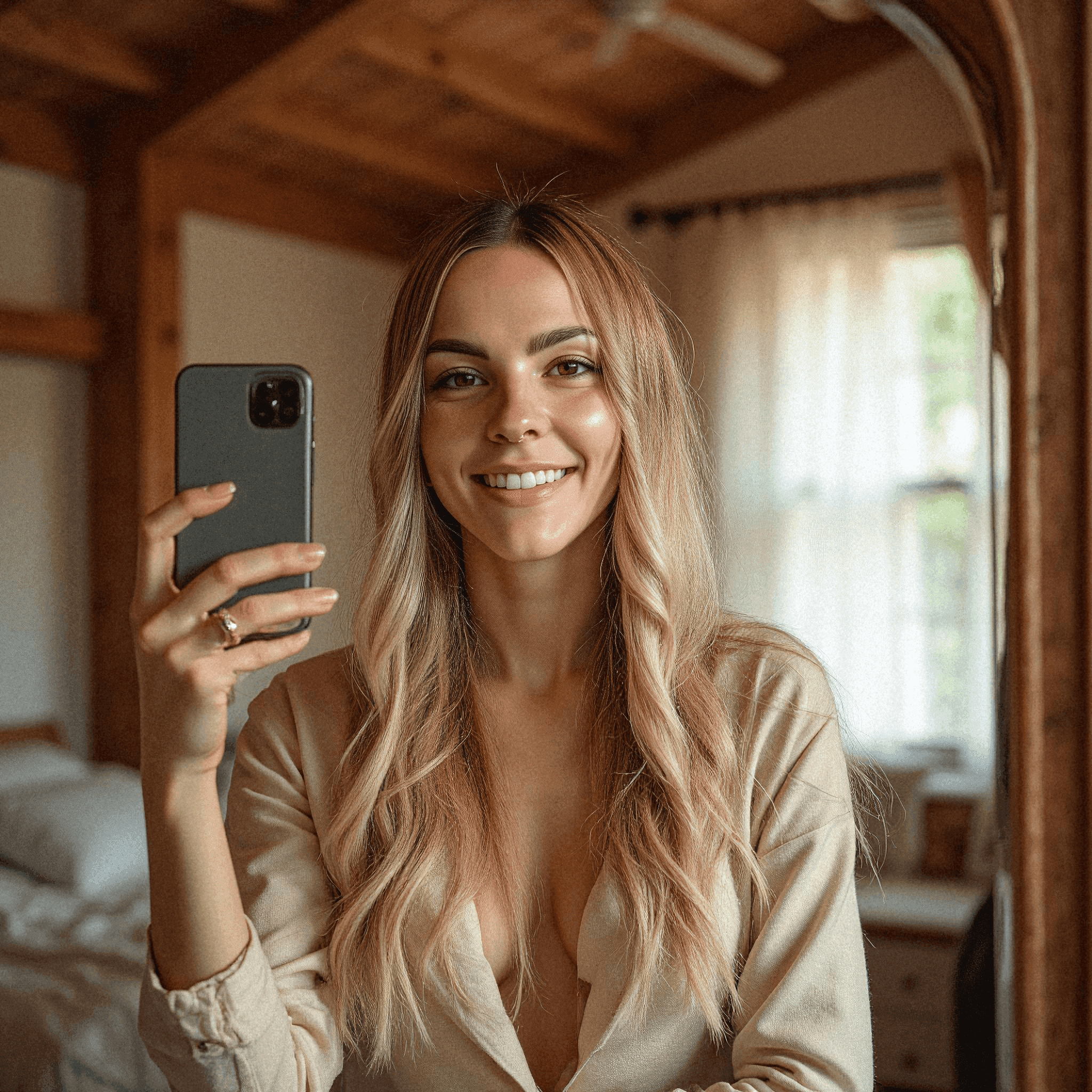 Woman taking a cozy bedroom mirror selfie