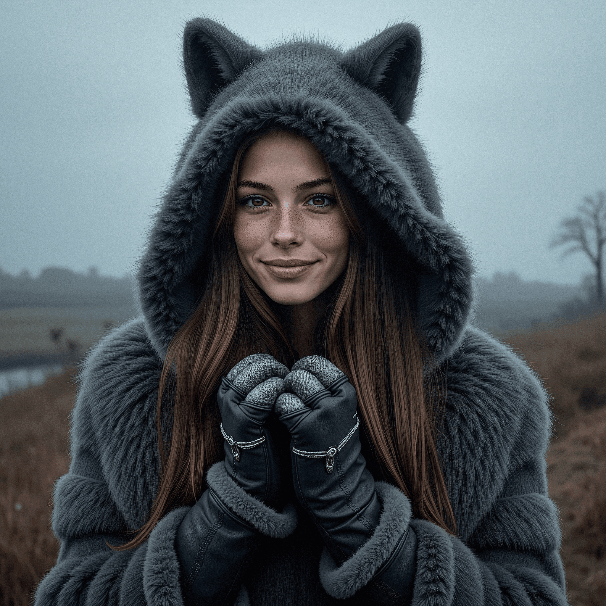 Woman in wolf-like cloak in moor