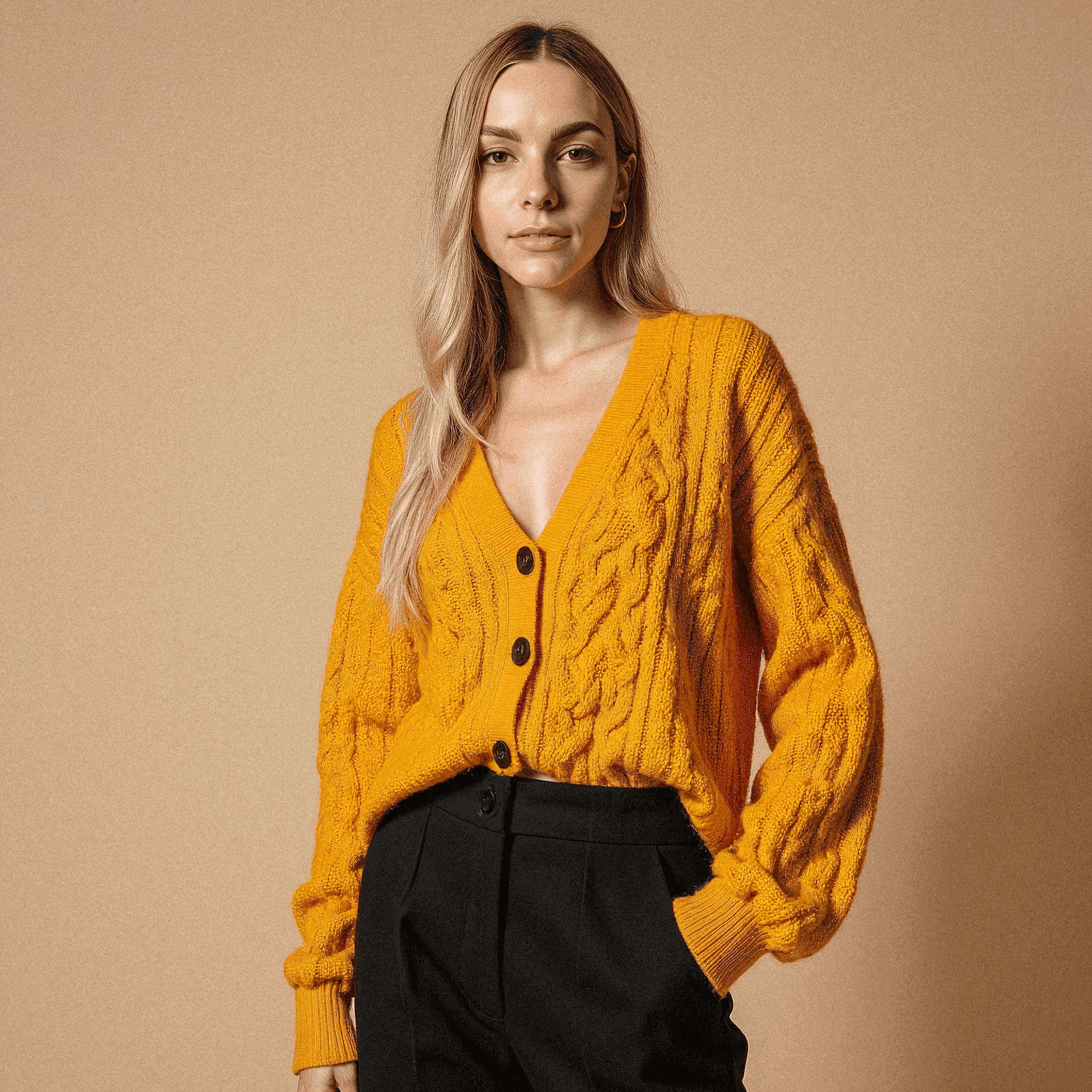 Woman in Mustard Cardigan and Trousers