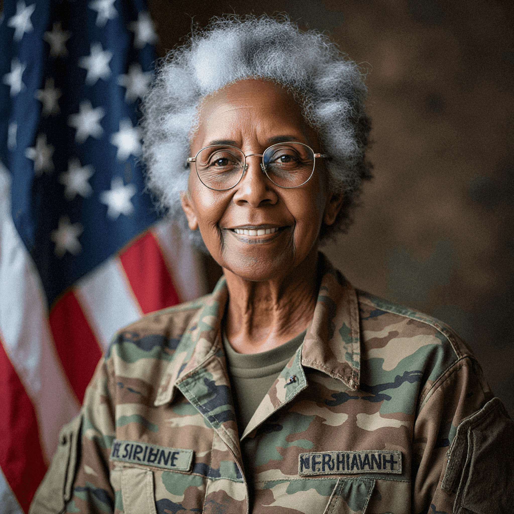 Woman in Marine Corps fatigues with flag