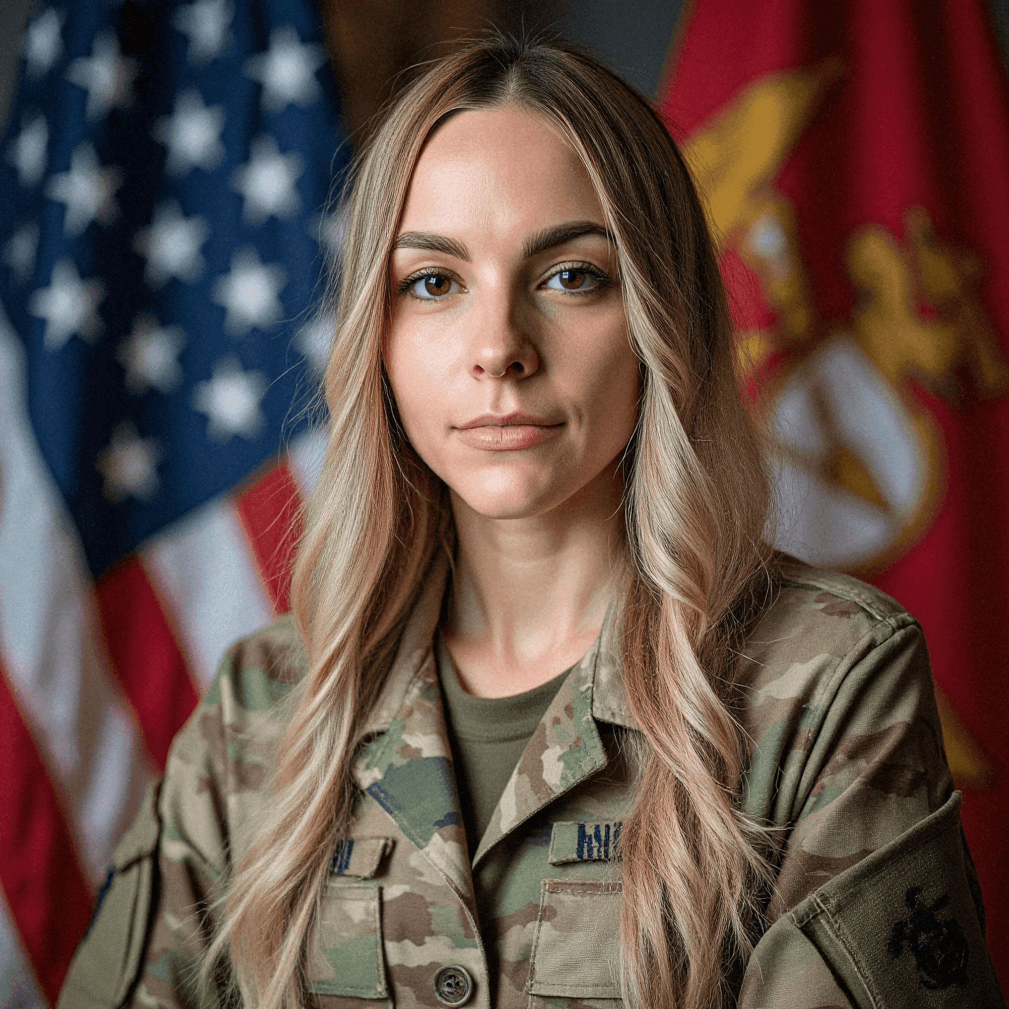 Woman in Marine Corps fatigues with flag
