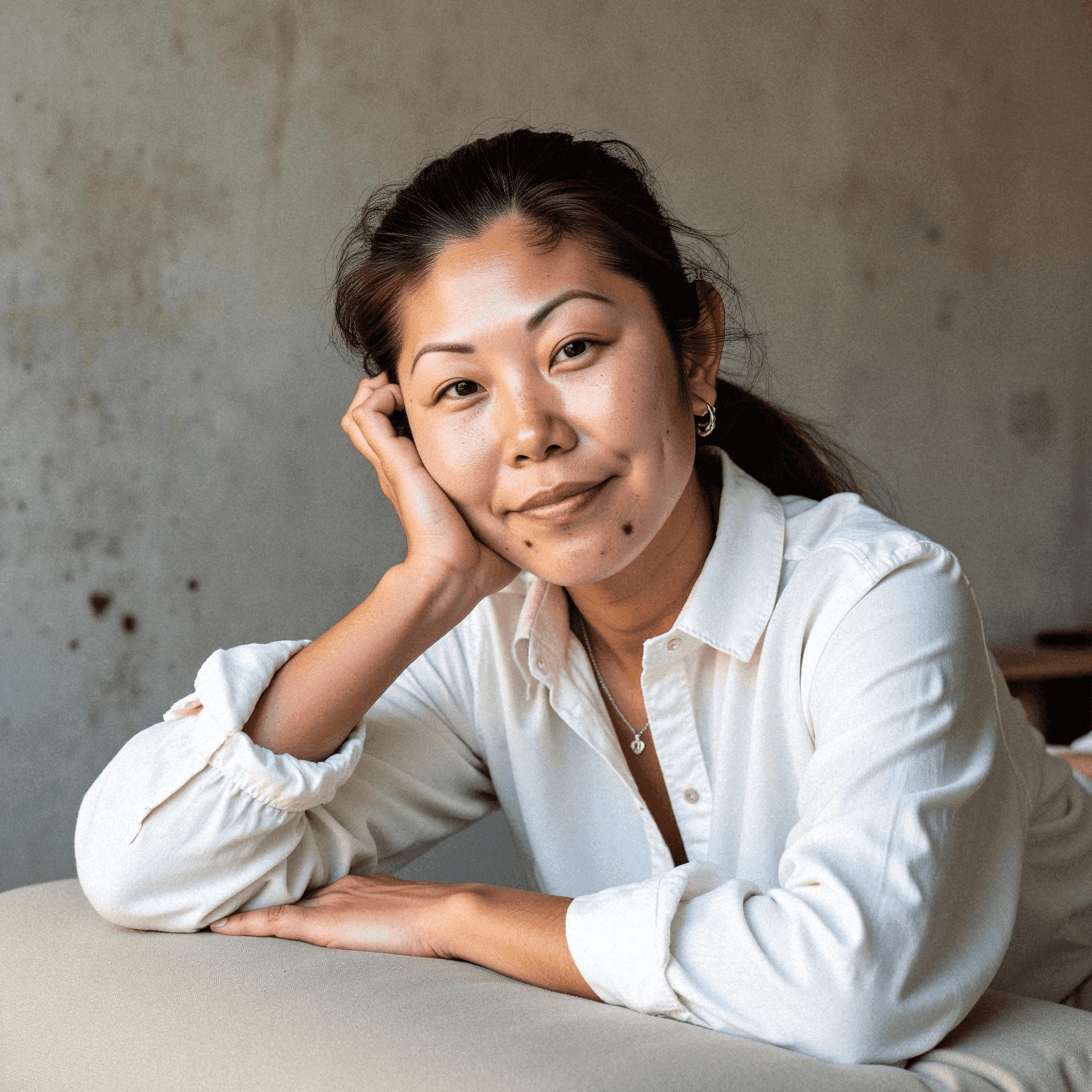 Woman in white shirt with calm expression