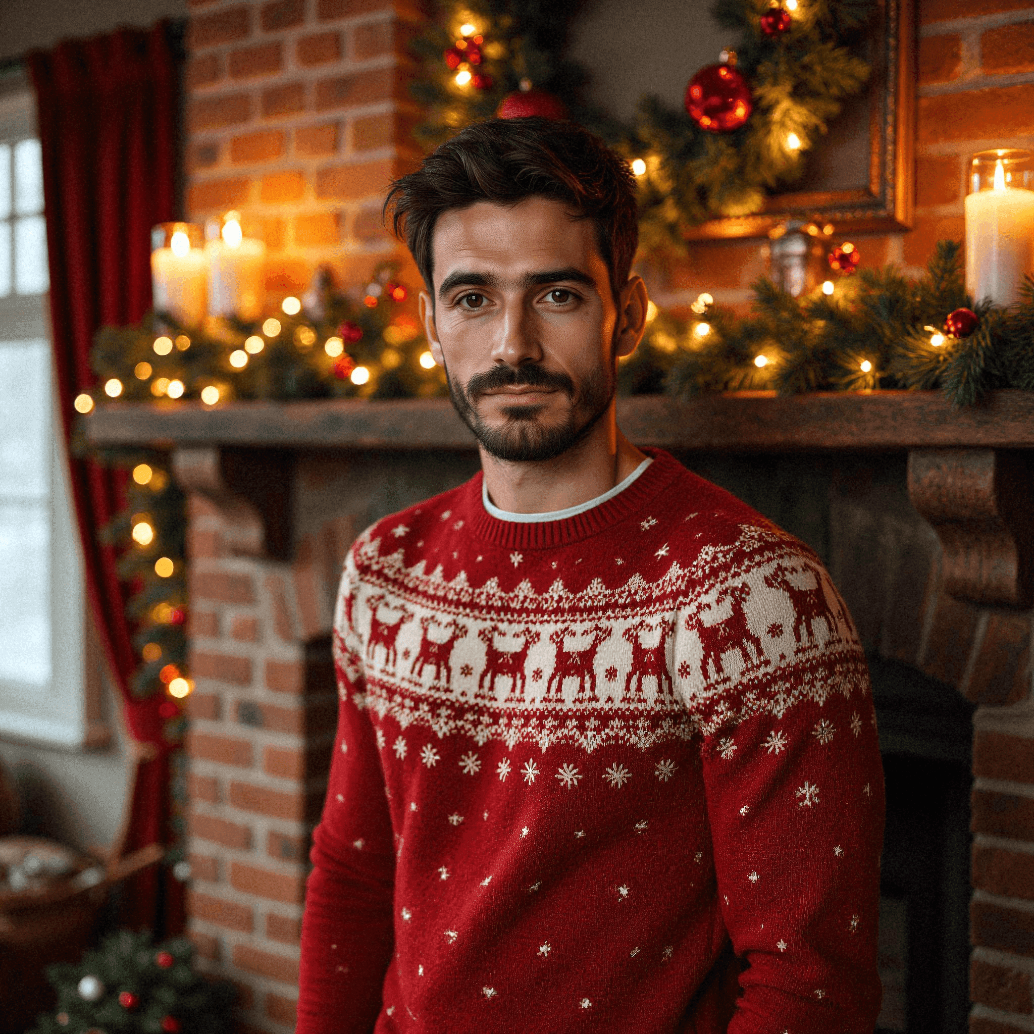 Man in Red Sweater by Christmas Fireplace