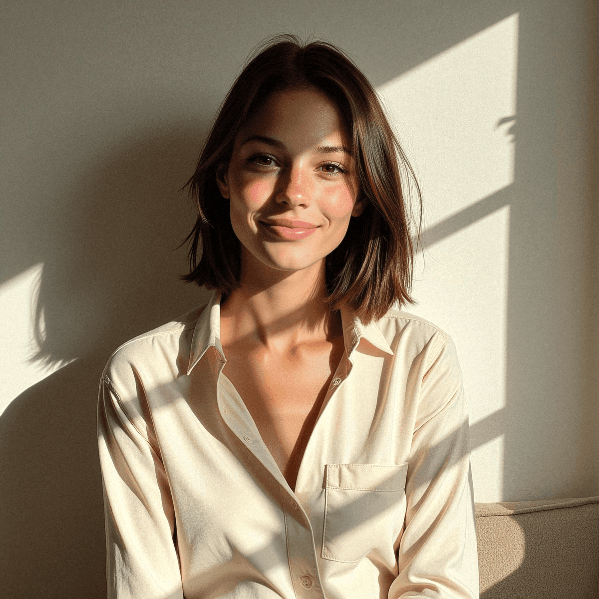 Serene woman in sunlit cream shirt