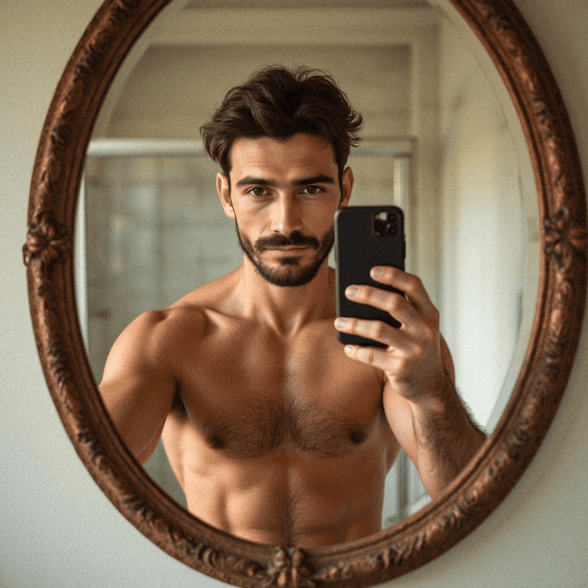 Shirtless man taking mirror selfie