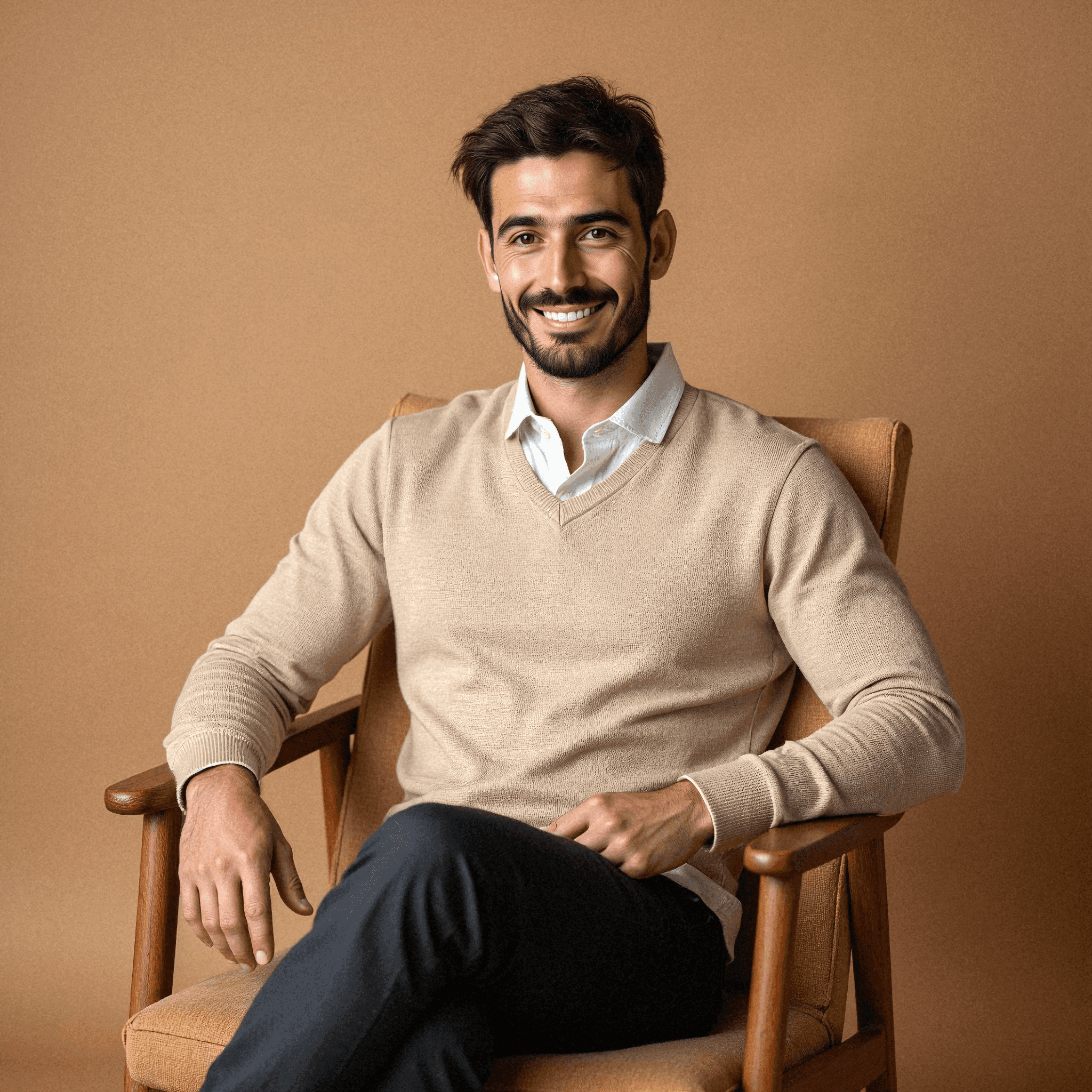 Man in Beige Sweater Smiling Warmly