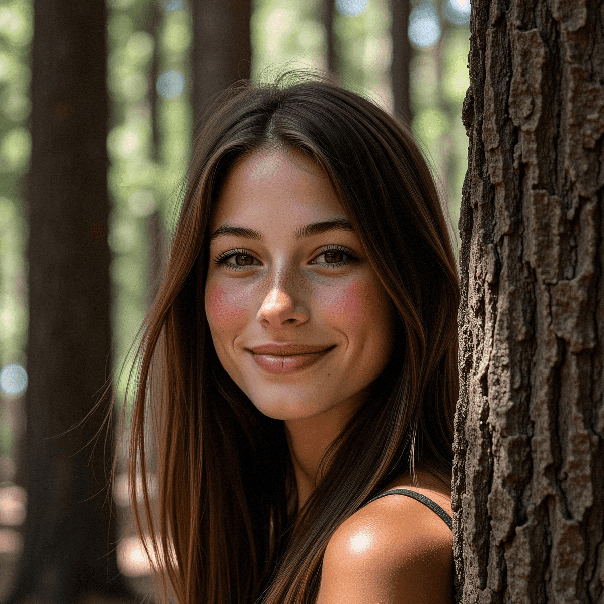 Woman in Forest with Peaceful Smile