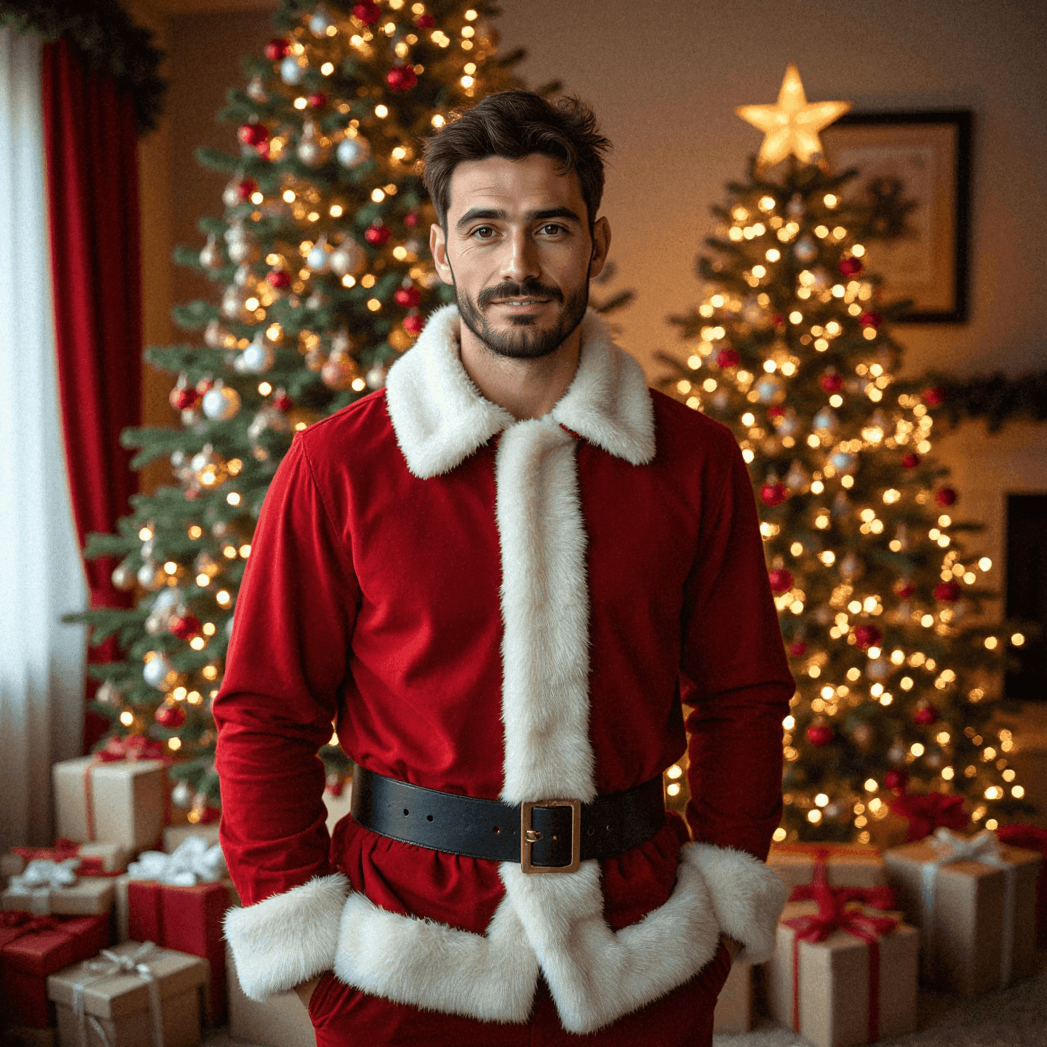 A man in Santa suit with Christmas tree
