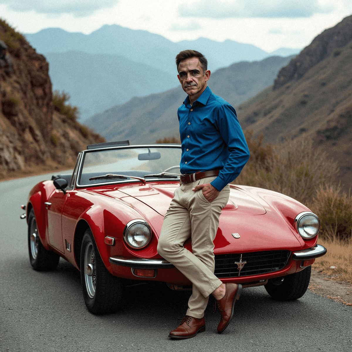 Man Leans Against Red Vintage Convertible