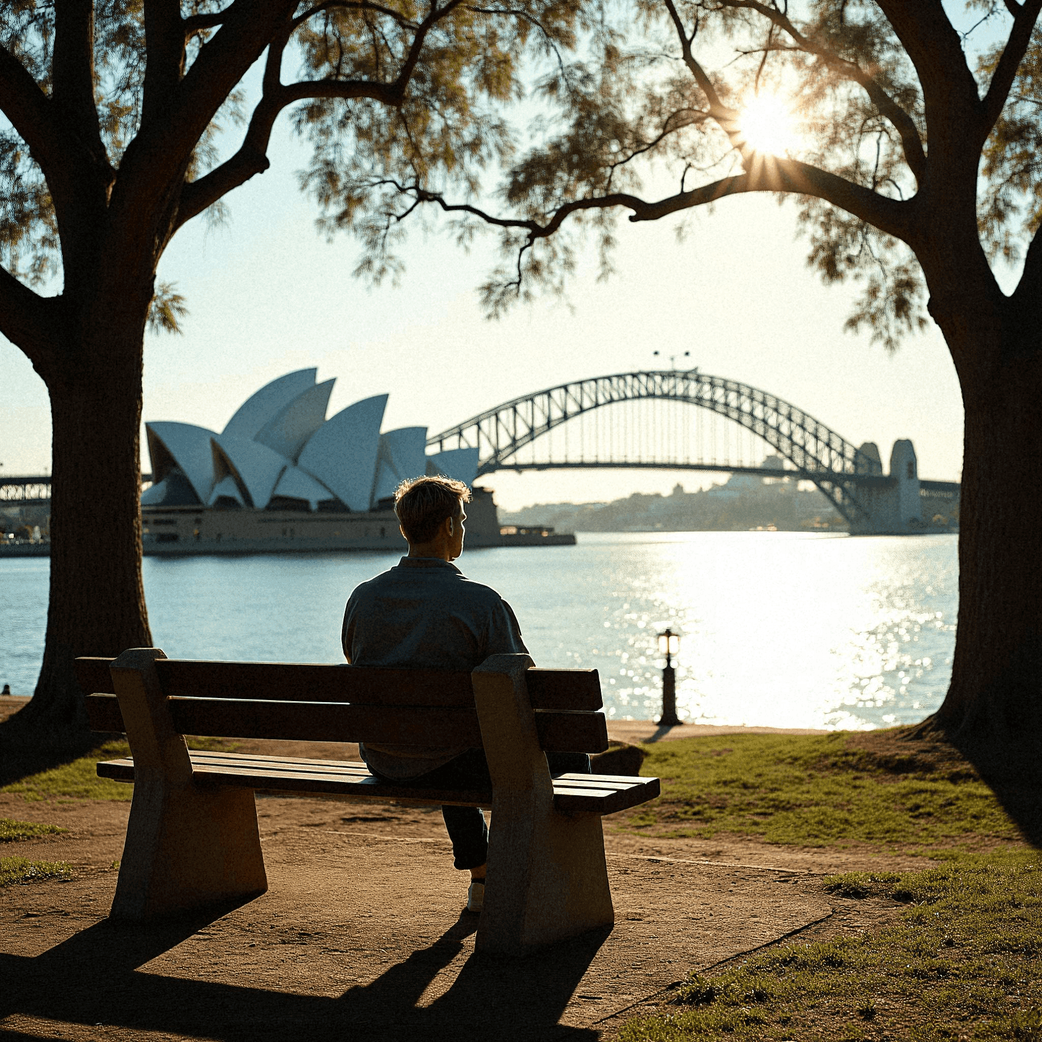 Man viewing Sydney Harbour in serene sunset