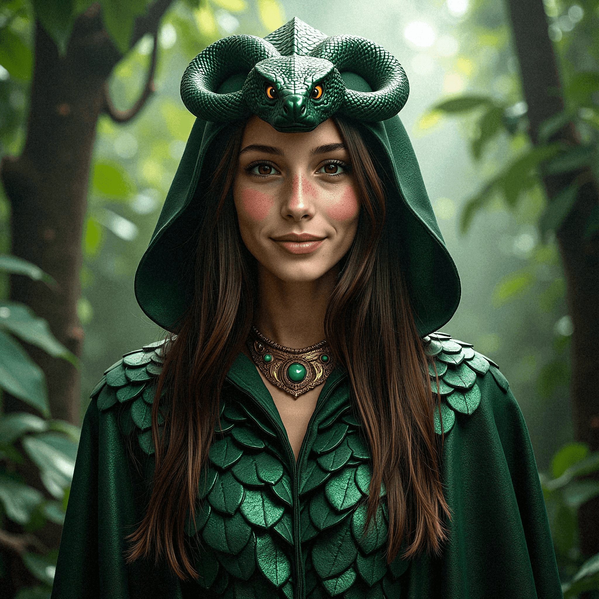 Serpent-garbed woman in ancient jungle