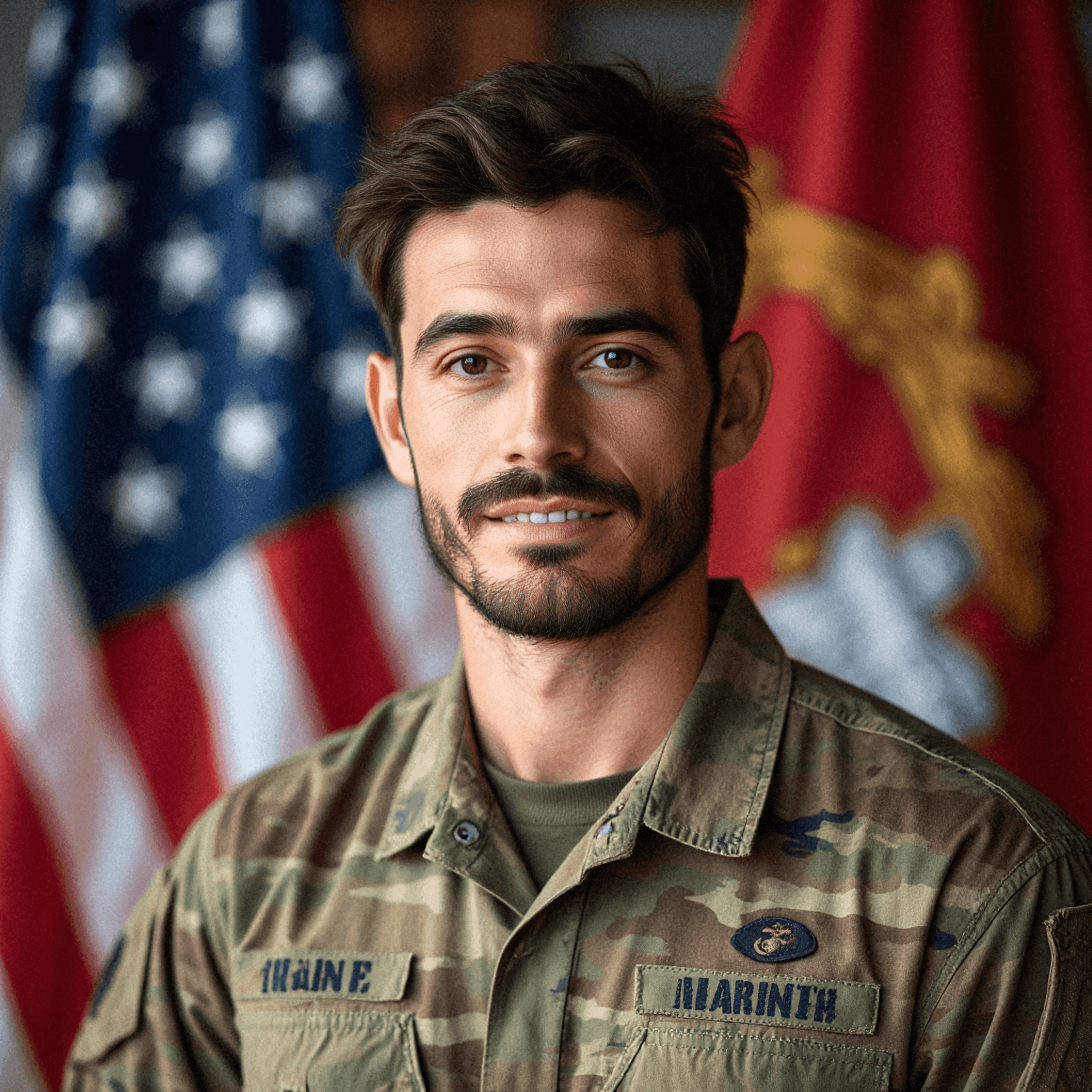 Marine in fatigues before US flag