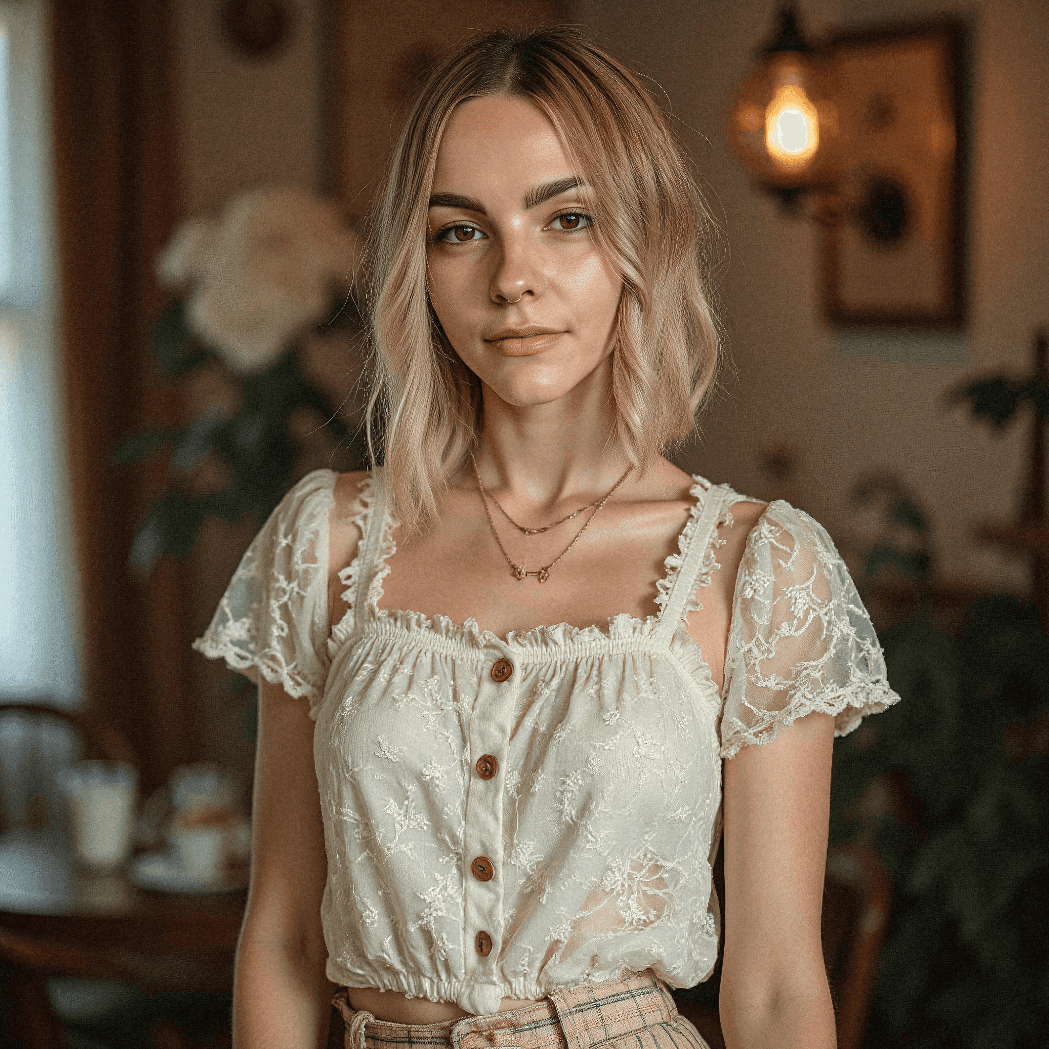 Woman in Vintage Lace Blouse Indoors