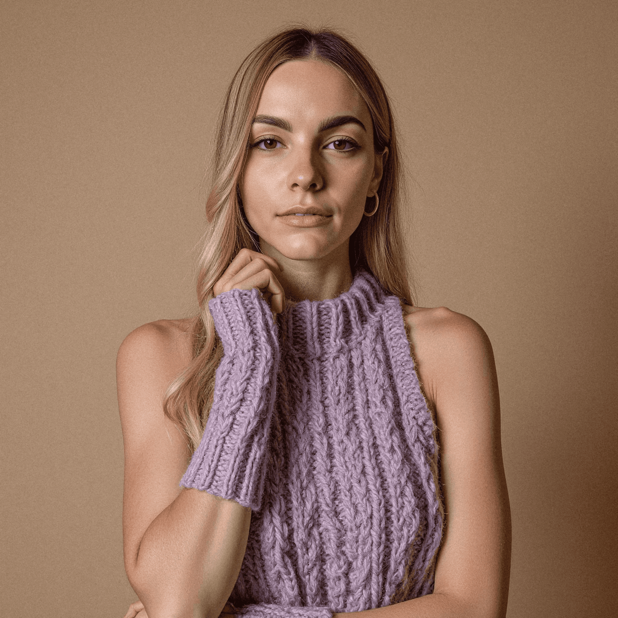 Woman in Lavender Sleeveless Knit Sweater
