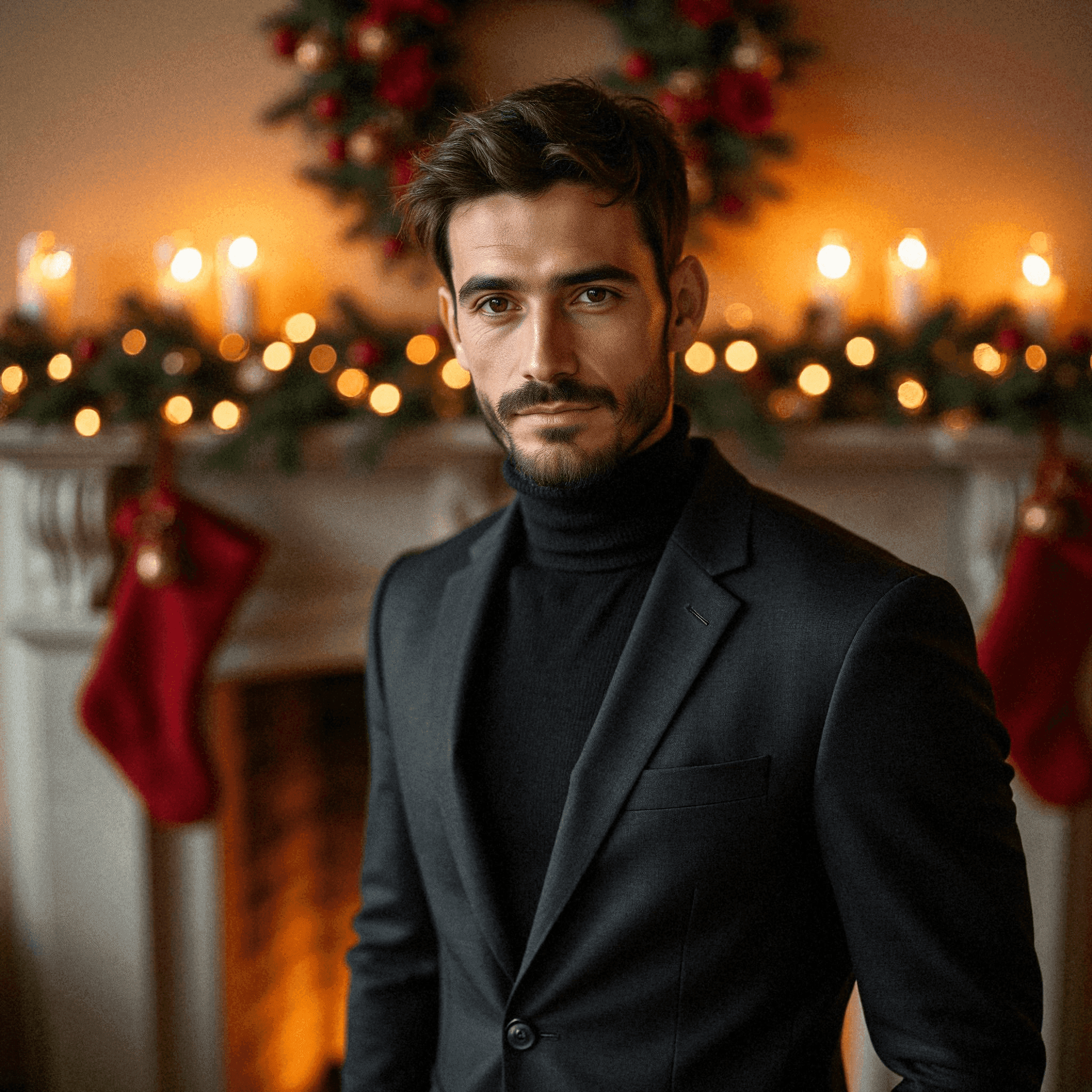 Sophisticated man in suit by festive fireplace