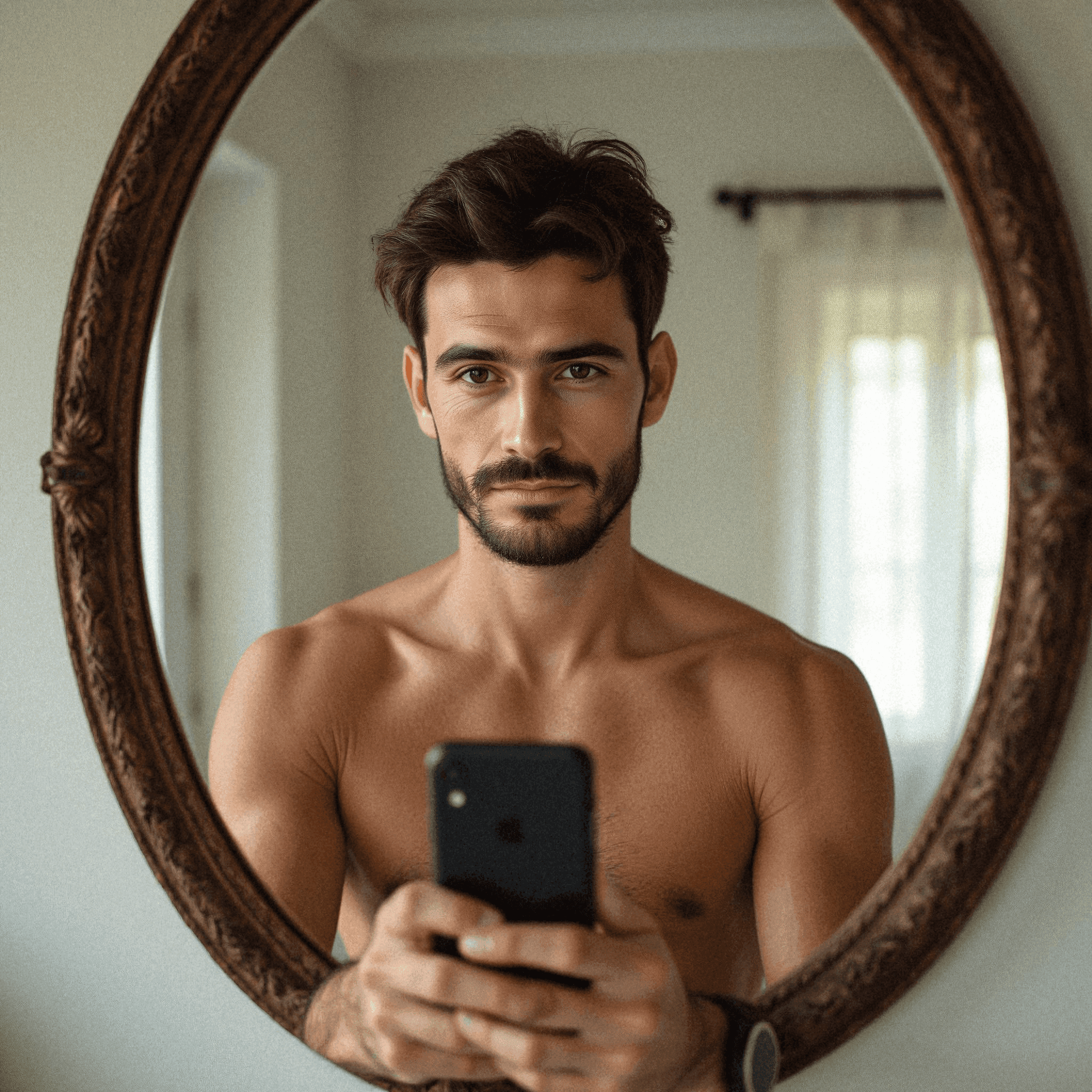 Man taking mirror selfie in bathroom