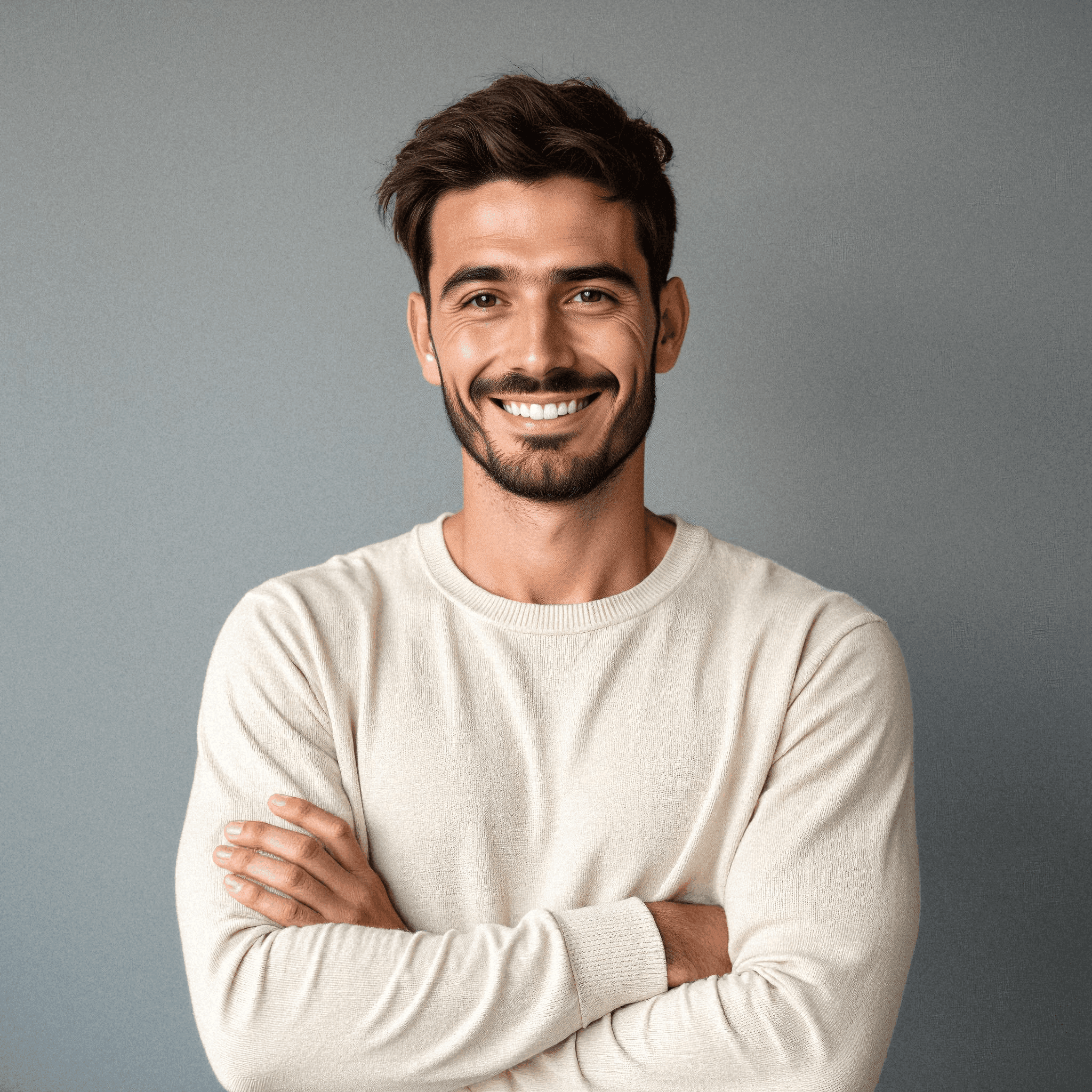 Smiling man in cream sweater