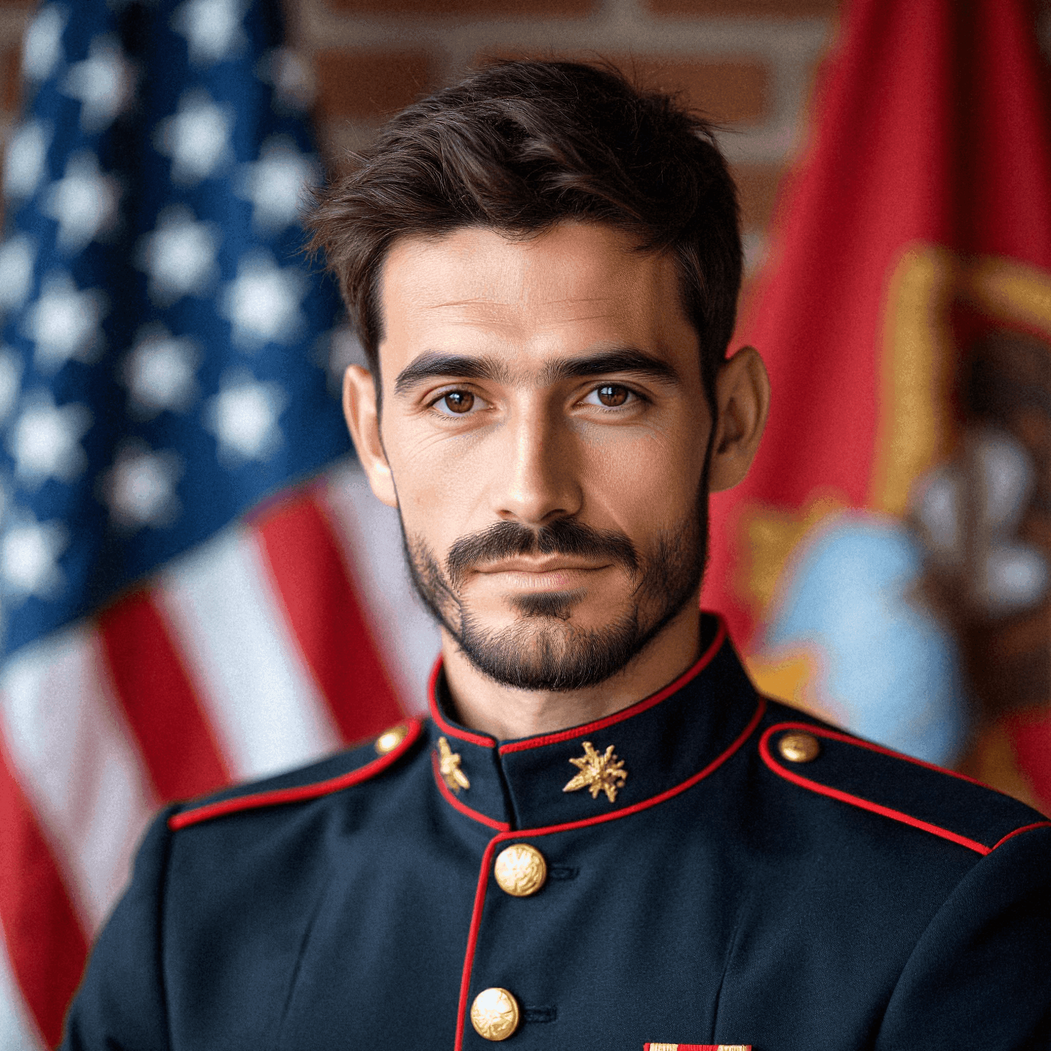 Marine in Dress Blues with Flag