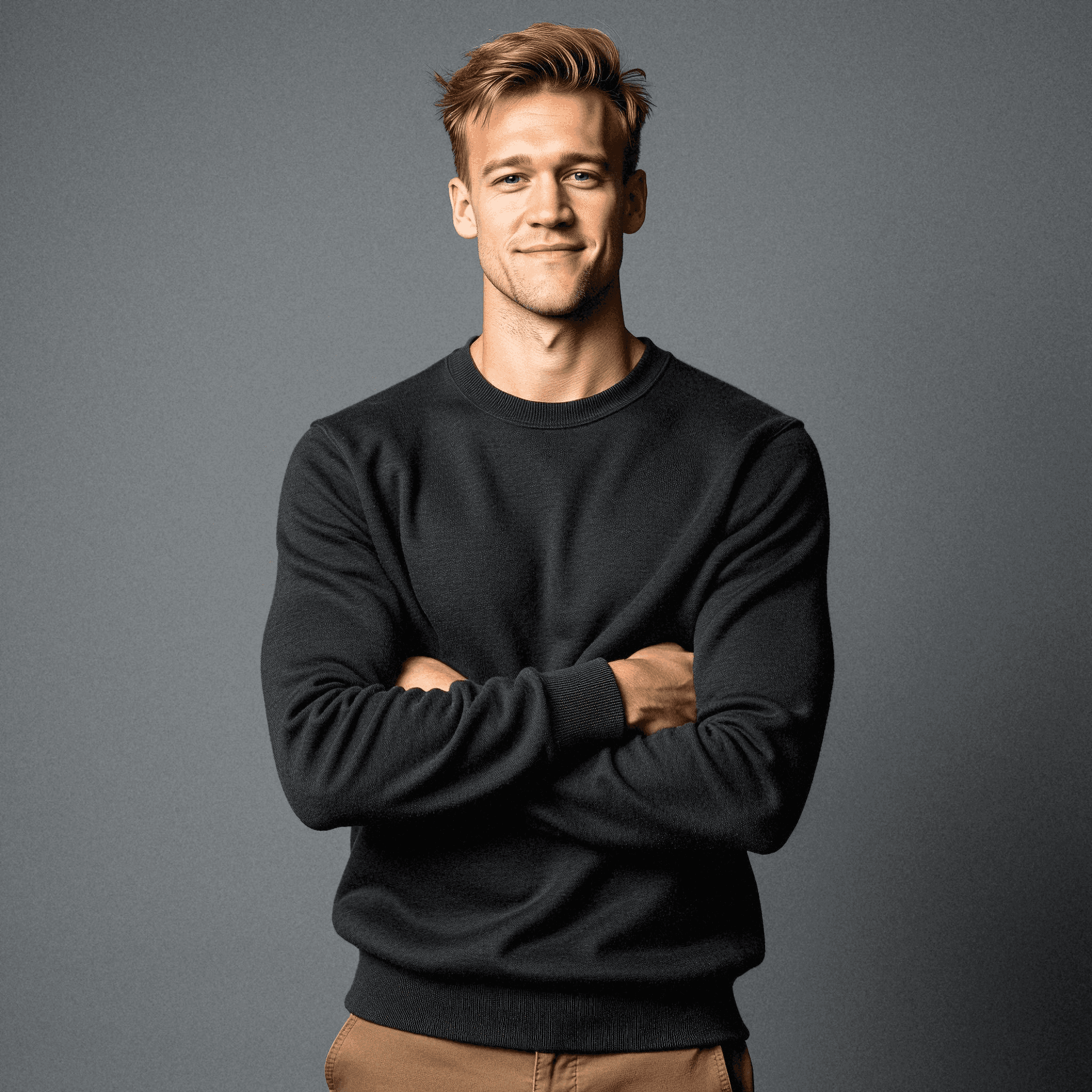 Man in charcoal pullover with crossed arms